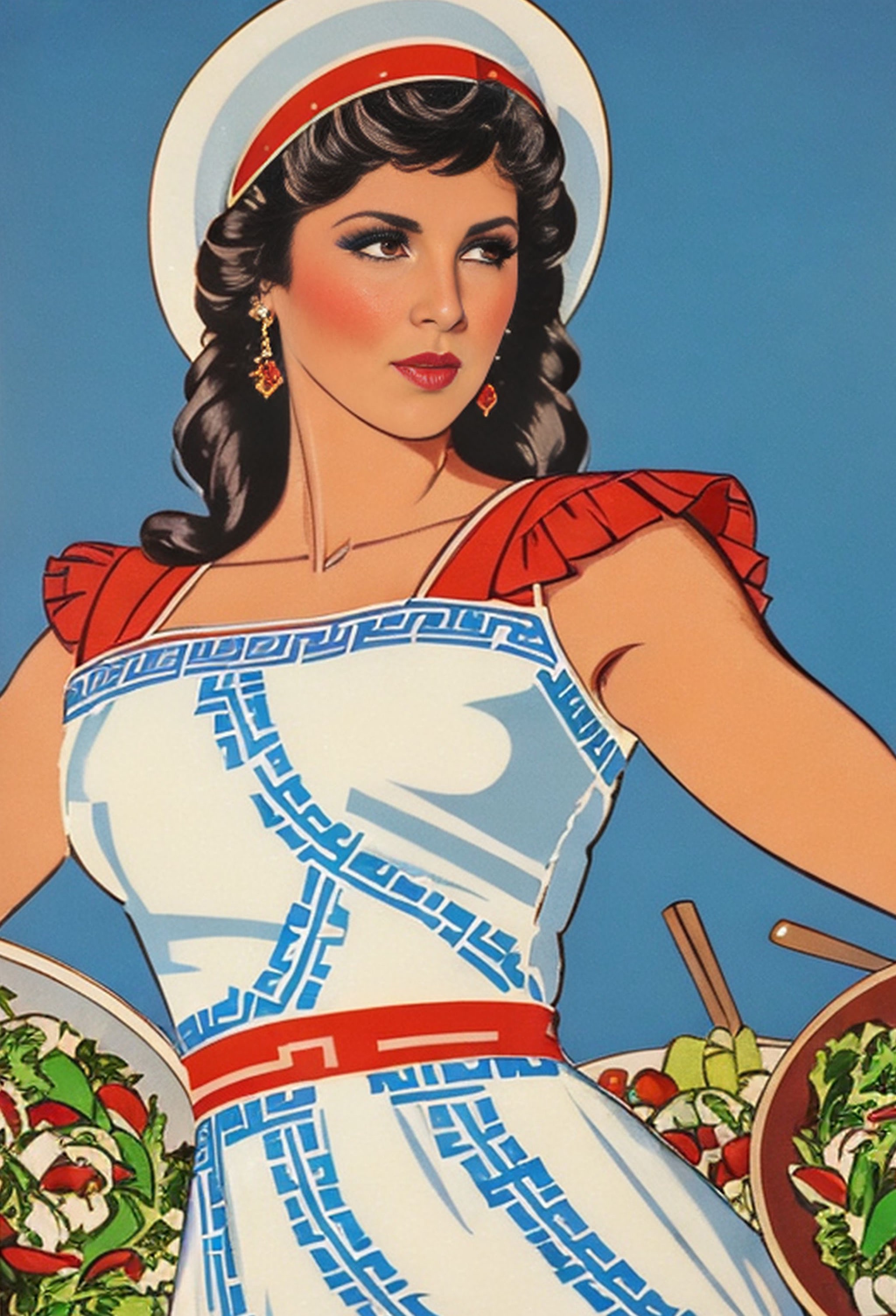 Illustration of a woman in a Greek-style dress holding bowls of Greek salad.