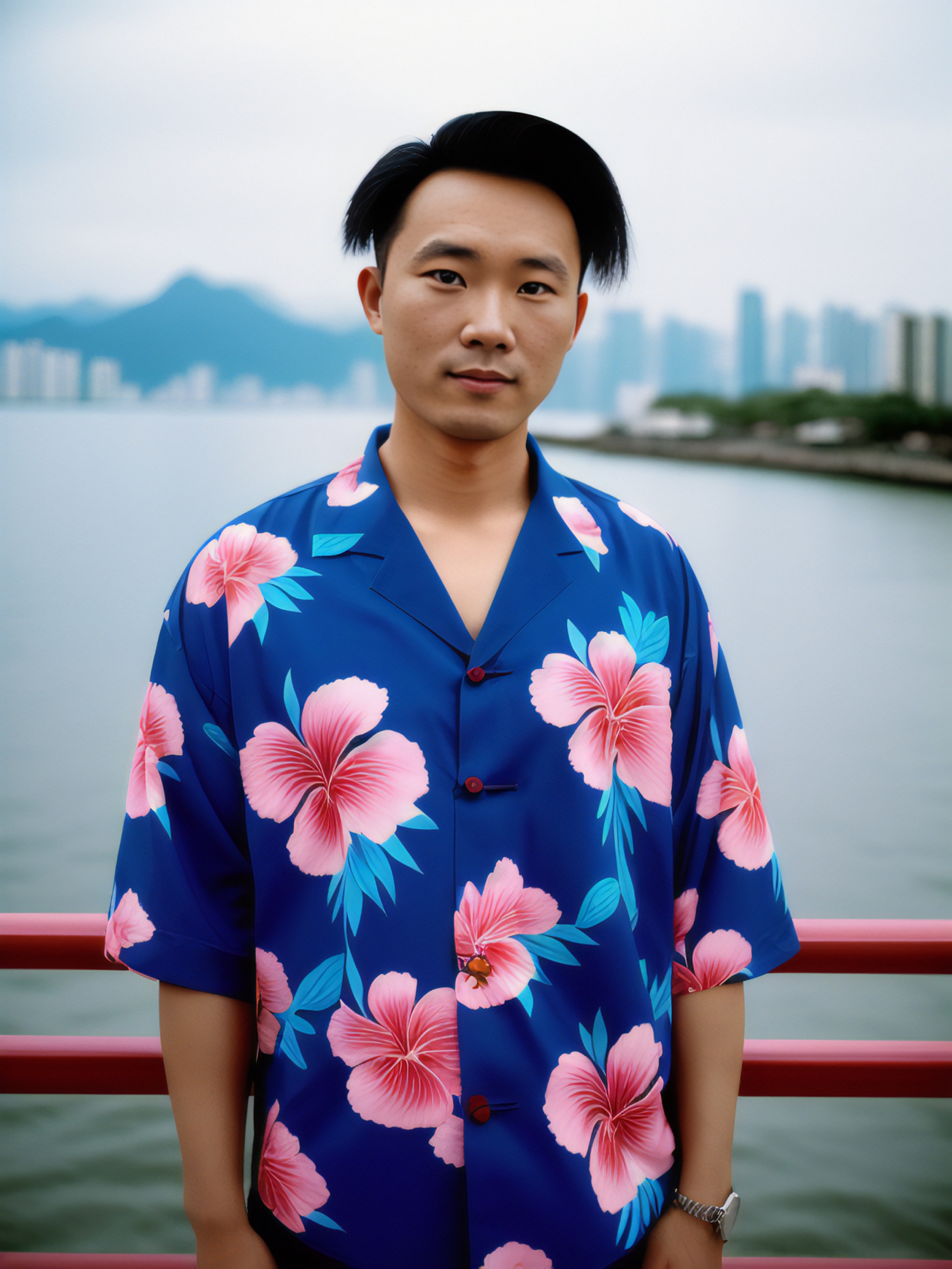 Portrait of a young man wearing a blue floral shirt.
