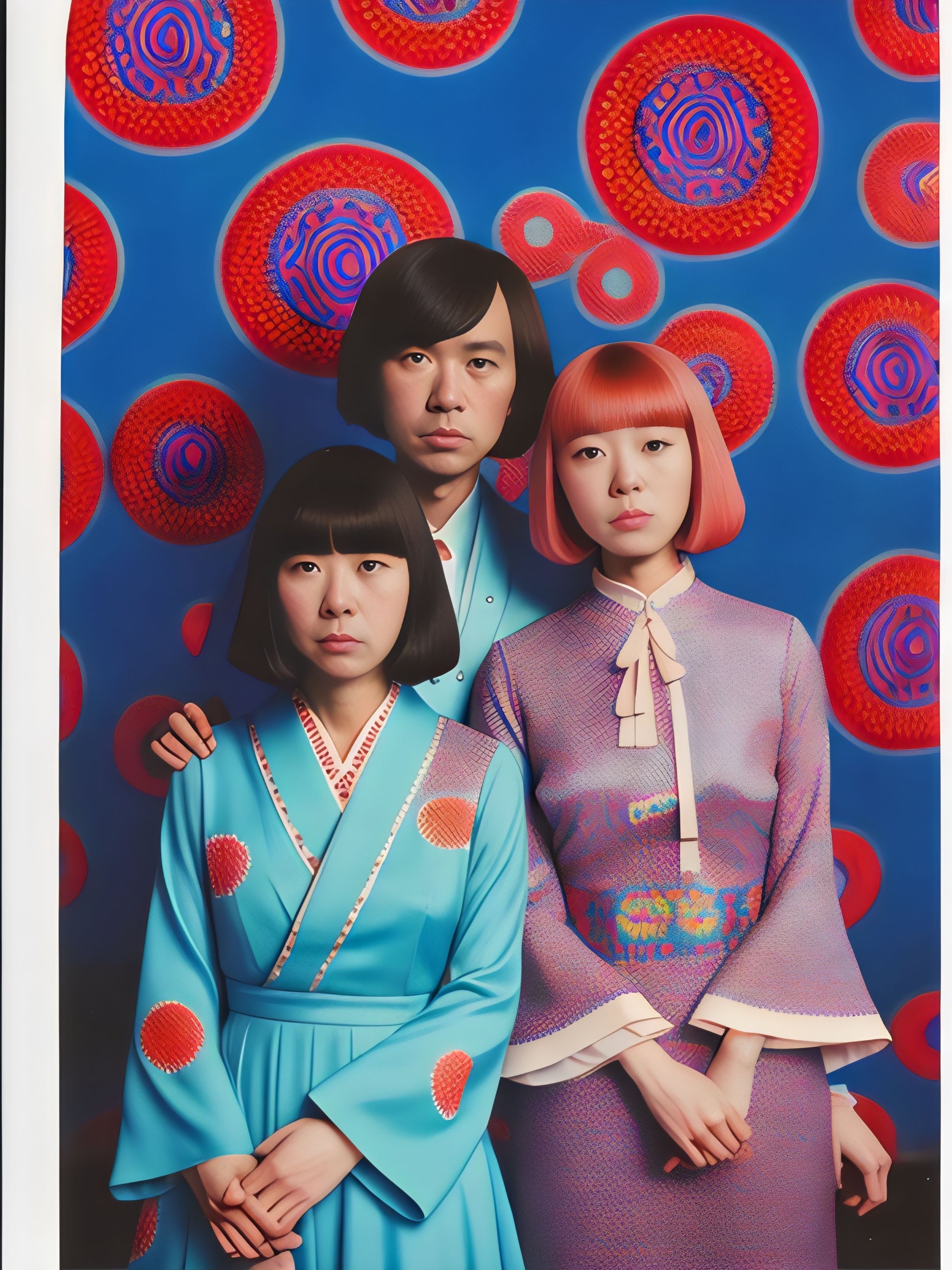 Portrait of three Japanese women in patterned clothing against a background of red and blue circles.