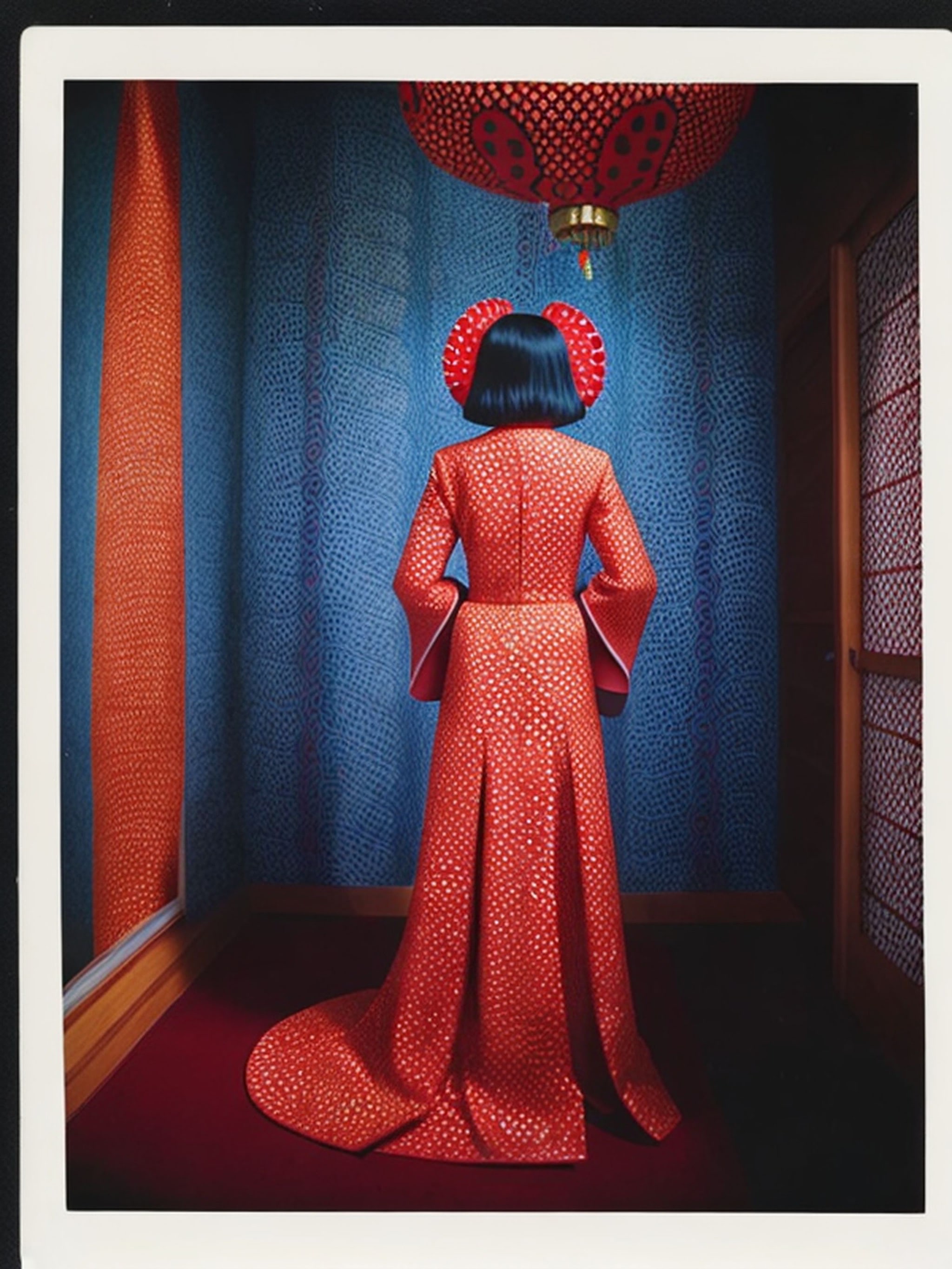 Woman in red polka dot dress and headdress, seen from behind.