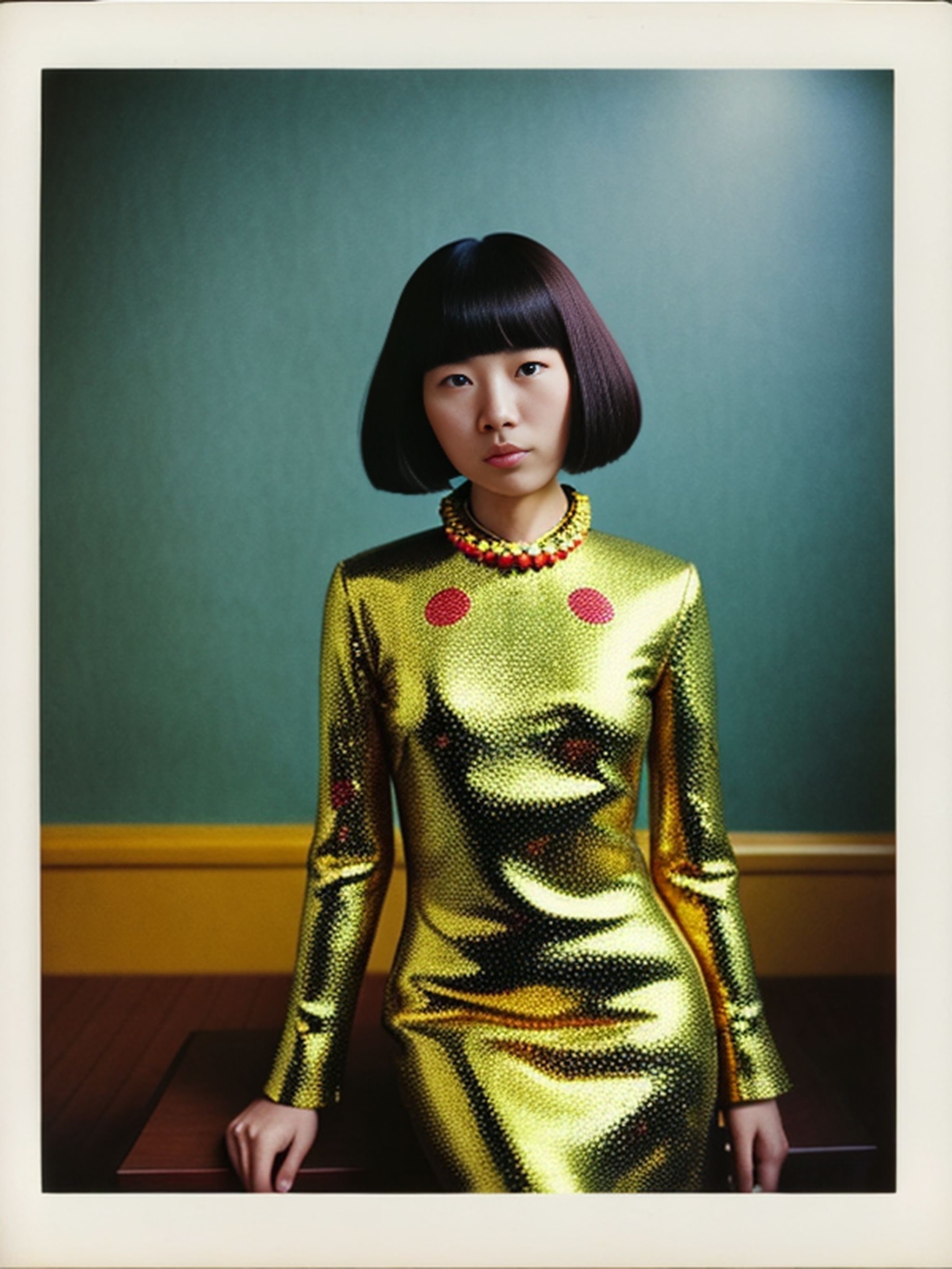 Portrait of a young woman with dark bobbed hair wearing a gold sequined dress and beaded necklace.