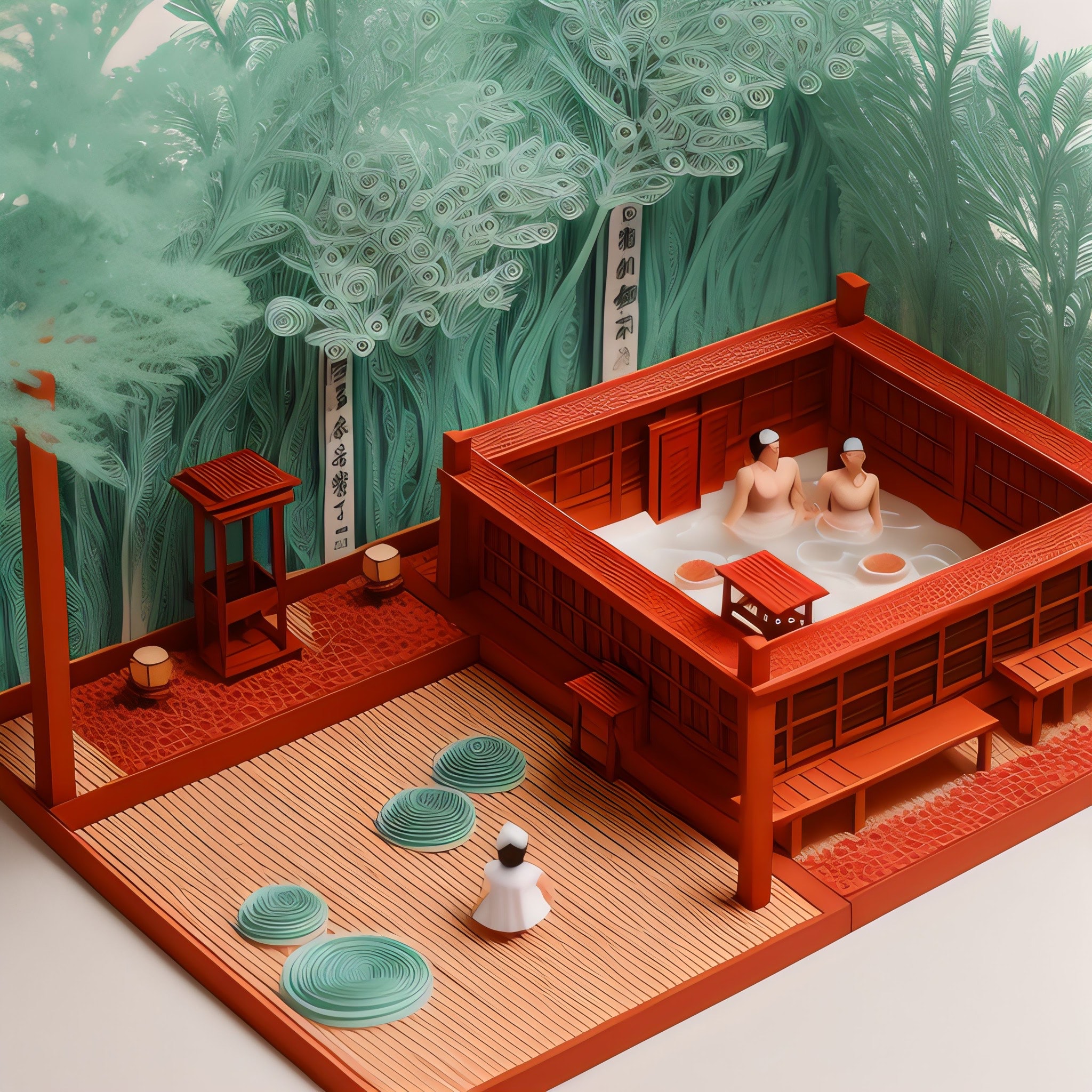 Paper model of a Japanese onsen with two people bathing.