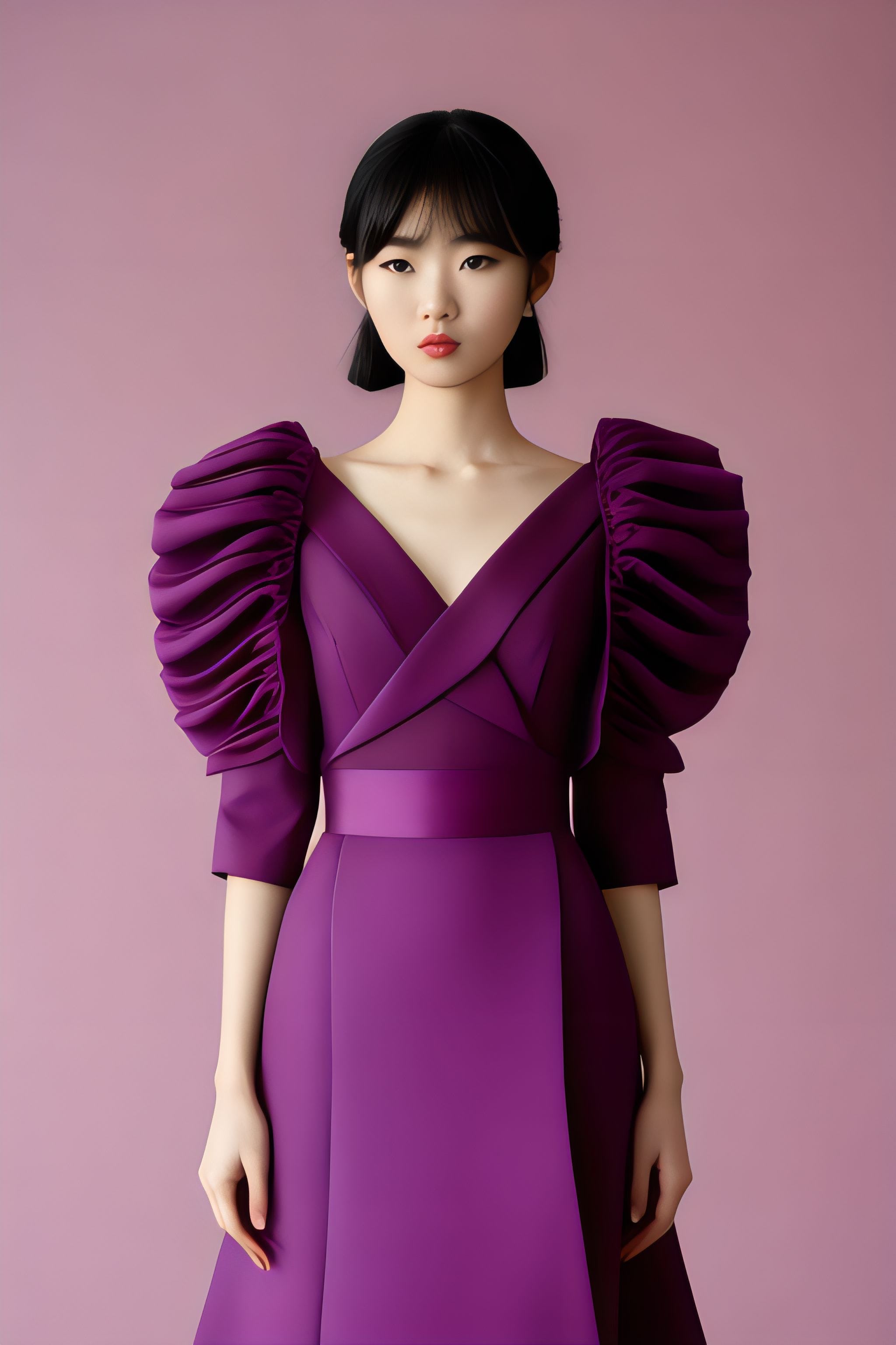 Woman in purple dress with puffed sleeves.
