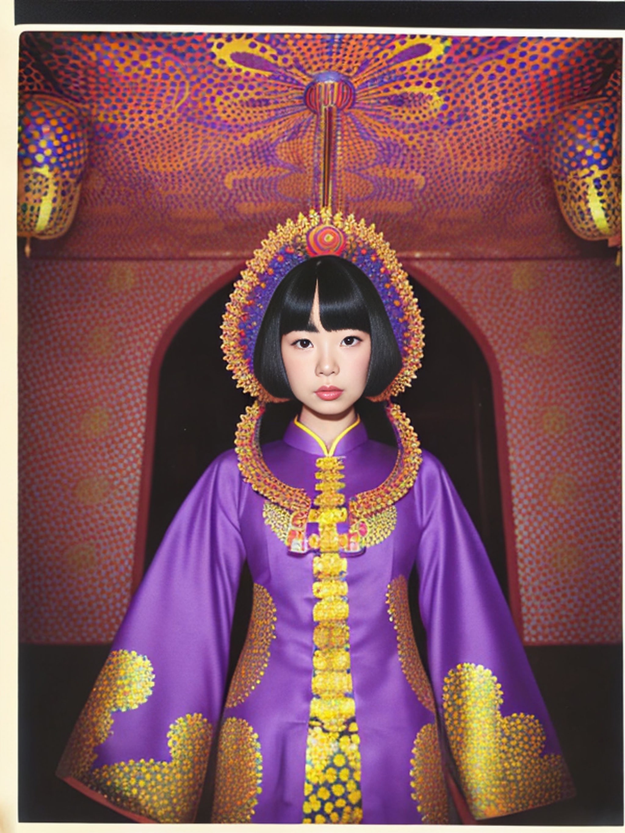 Portrait of a young woman in a purple ornate robe and headdress against a patterned background.