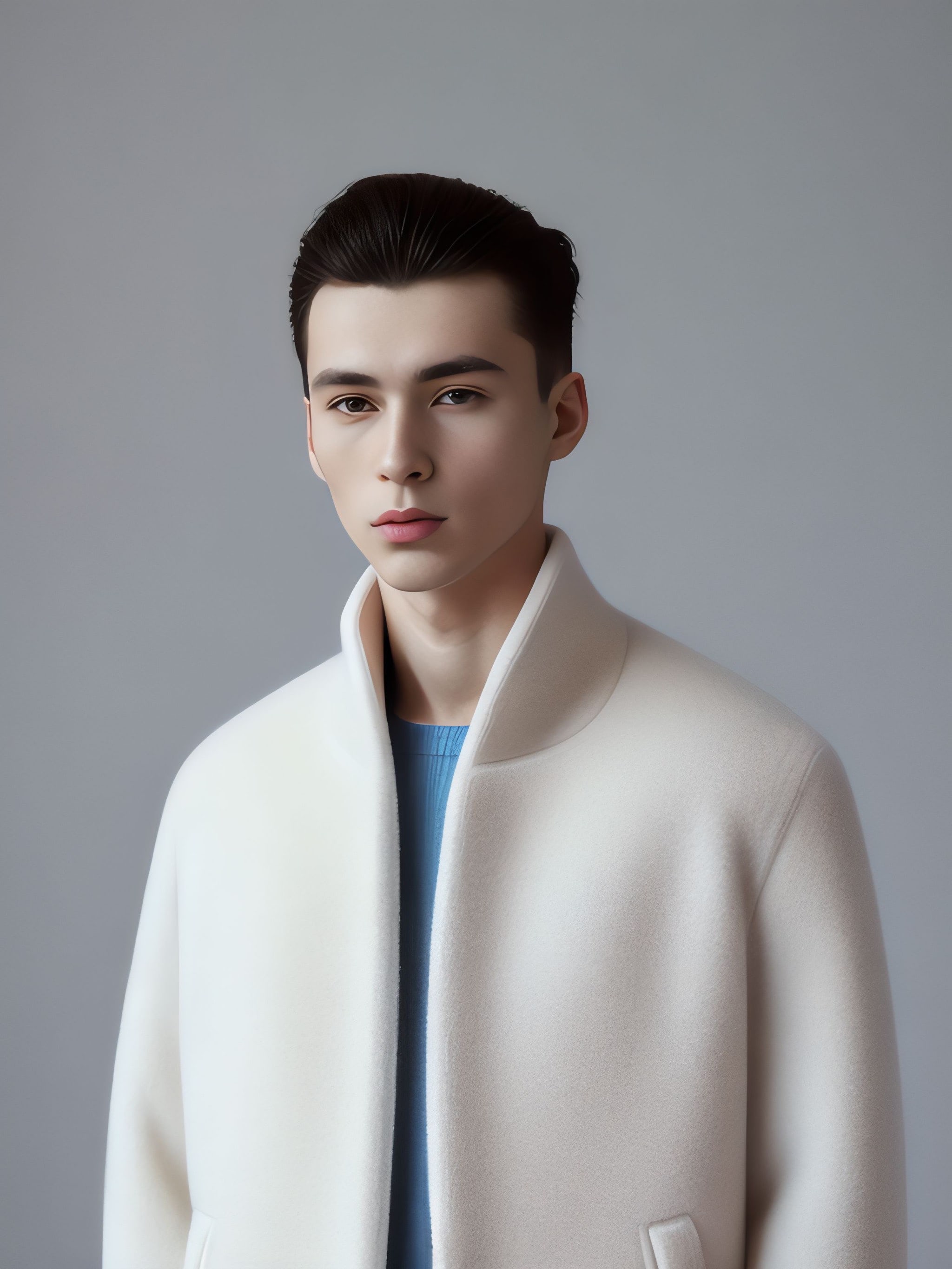 Young man in white coat and blue shirt.