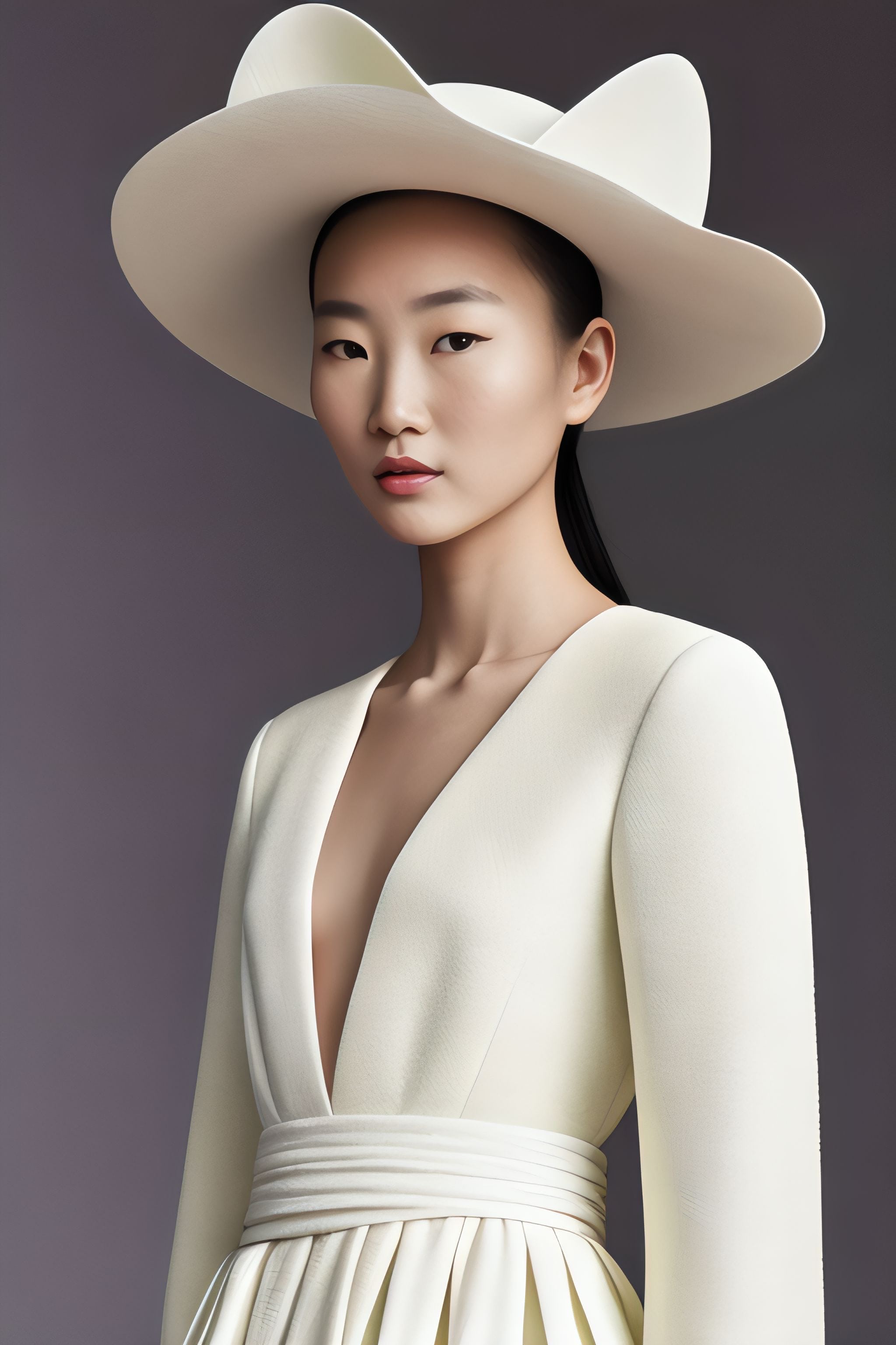 Fashion model wearing a white dress and hat.