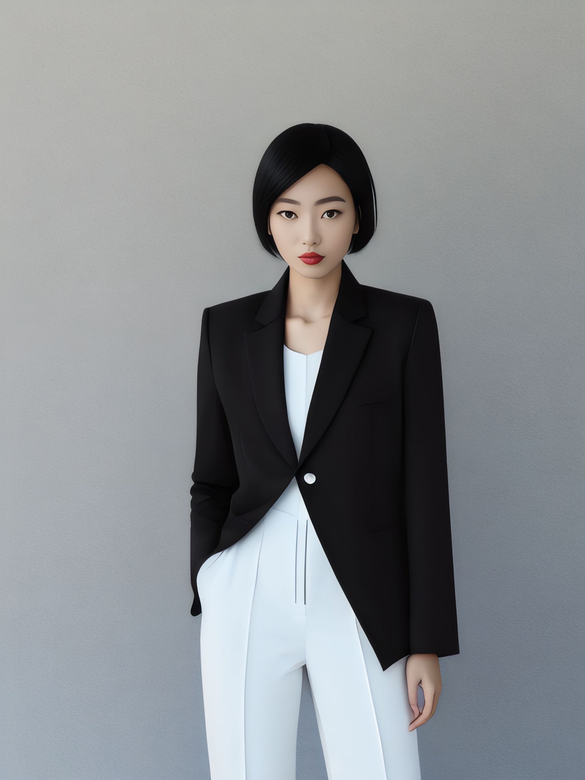 A young woman with short black hair wearing a black blazer and white pants.
