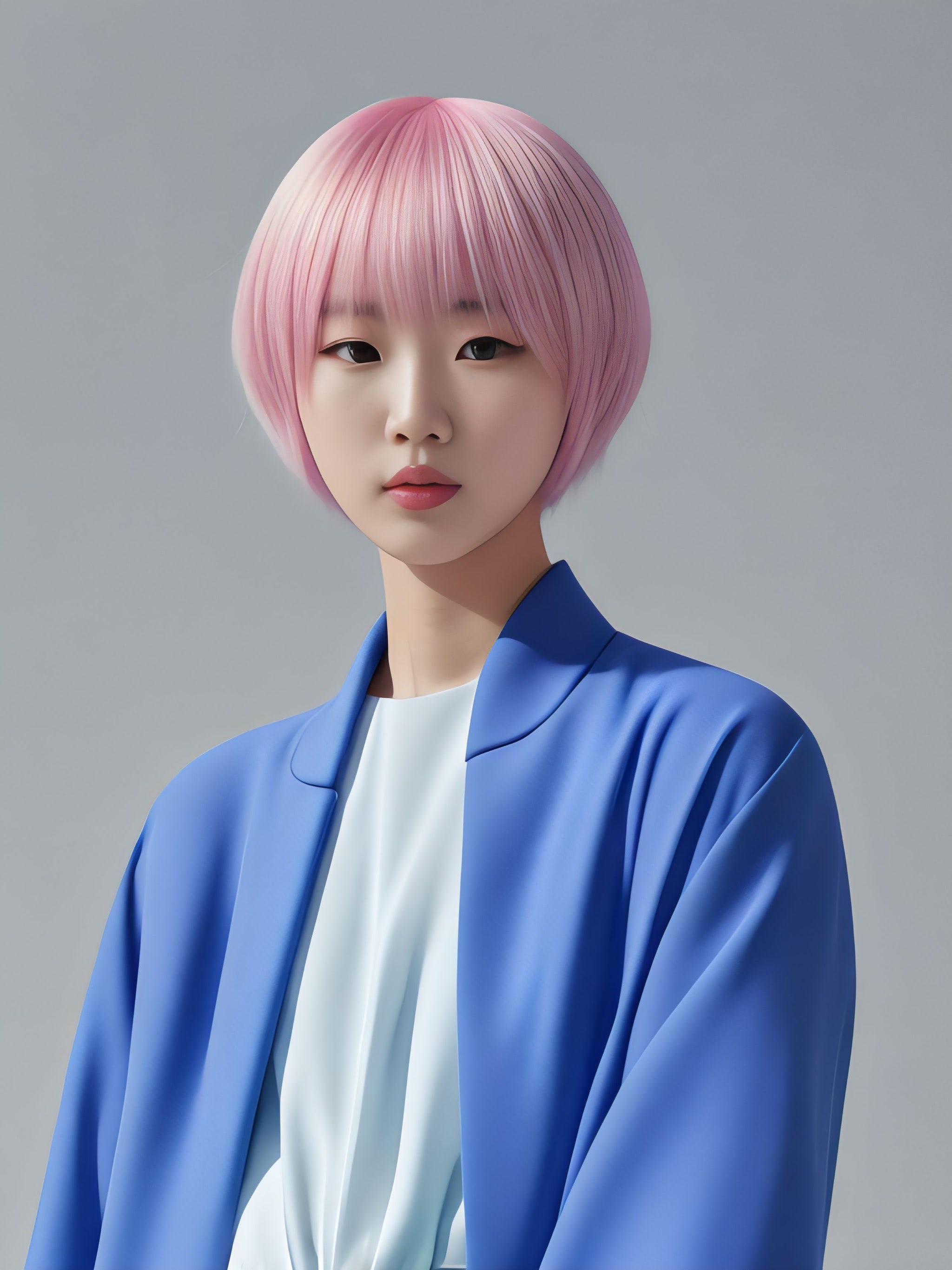 Portrait of a young woman with pink bob haircut wearing a blue coat.