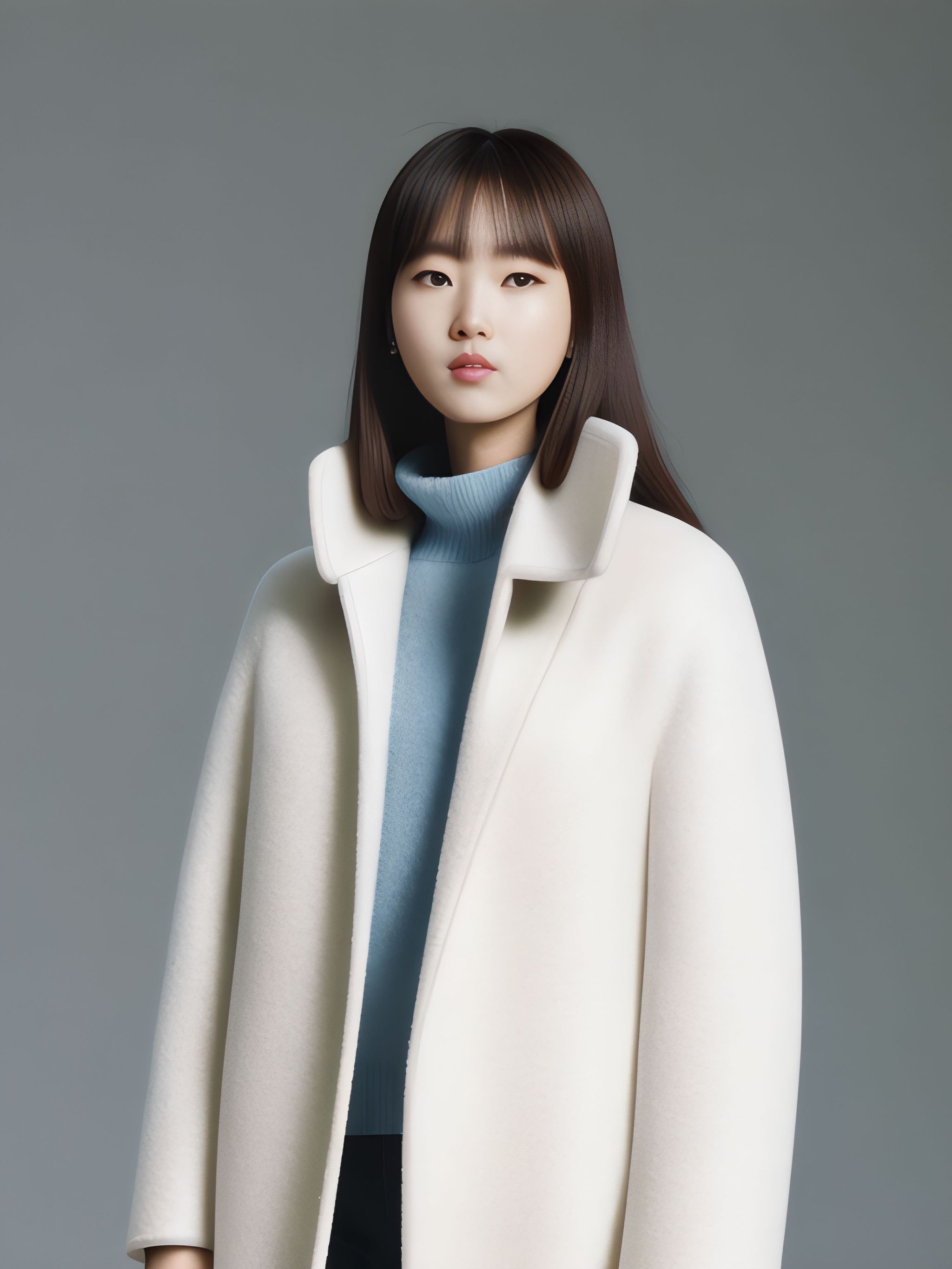 Young woman in a white coat and light blue turtleneck.