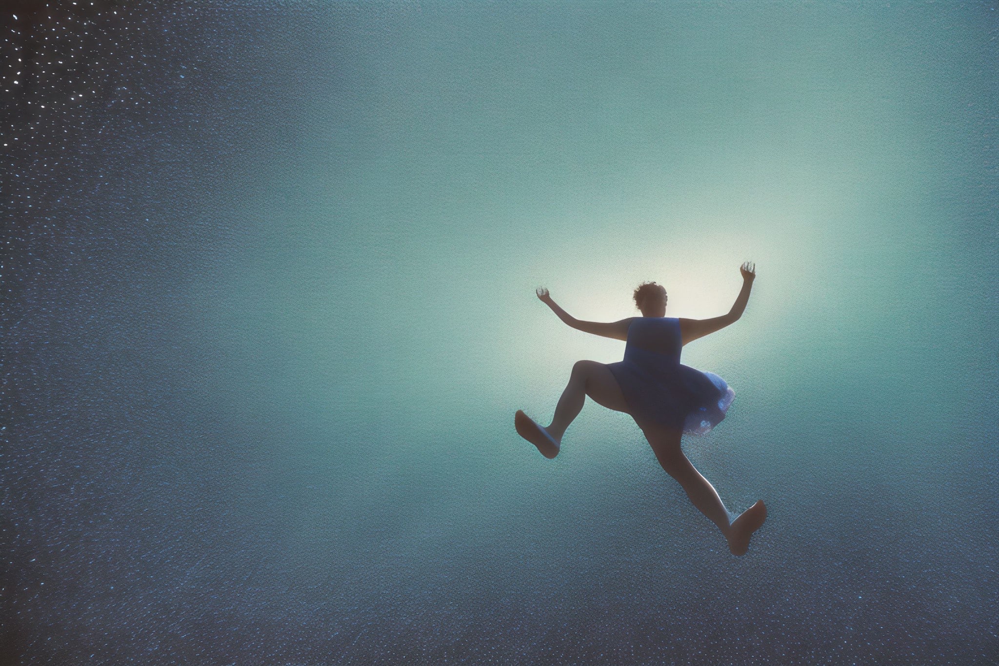Person in a dress falling through a teal, textured sky.