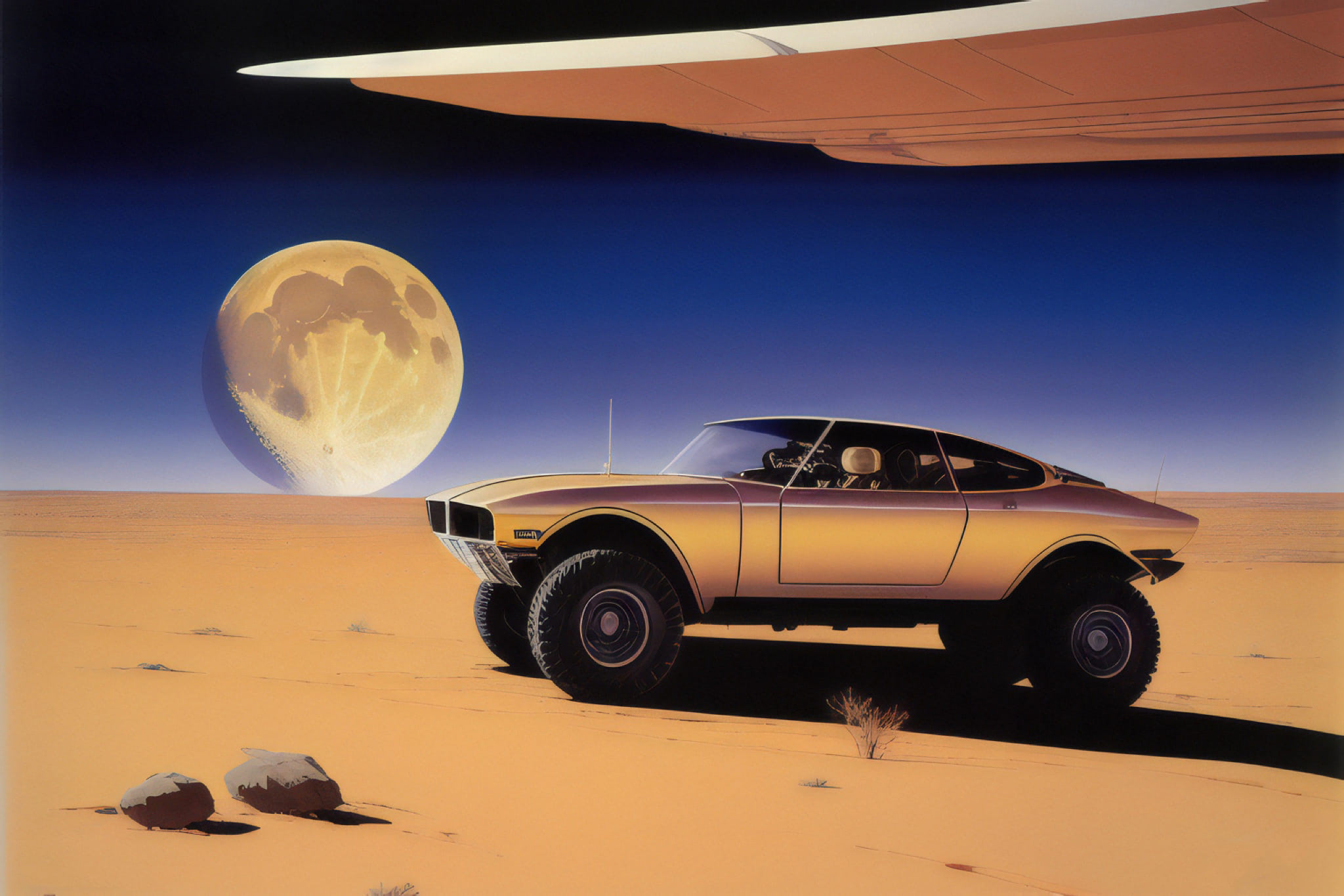 Vintage illustration of a gold off-road vehicle on Mars with a large moon in the background.