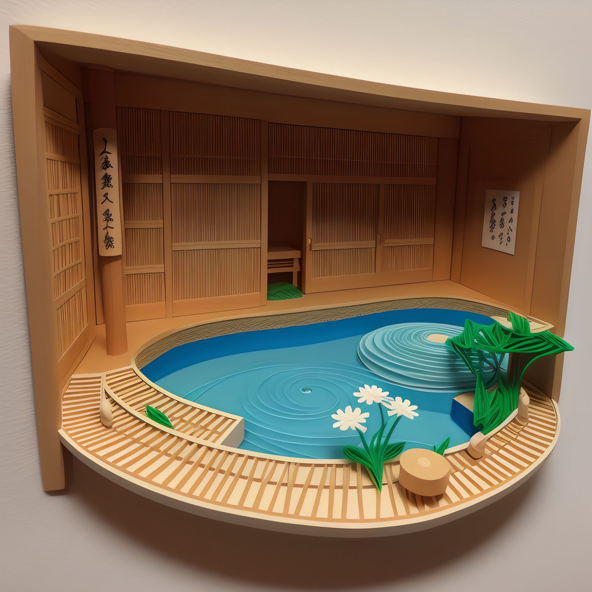 Paper model of a Japanese bathhouse with a pool.