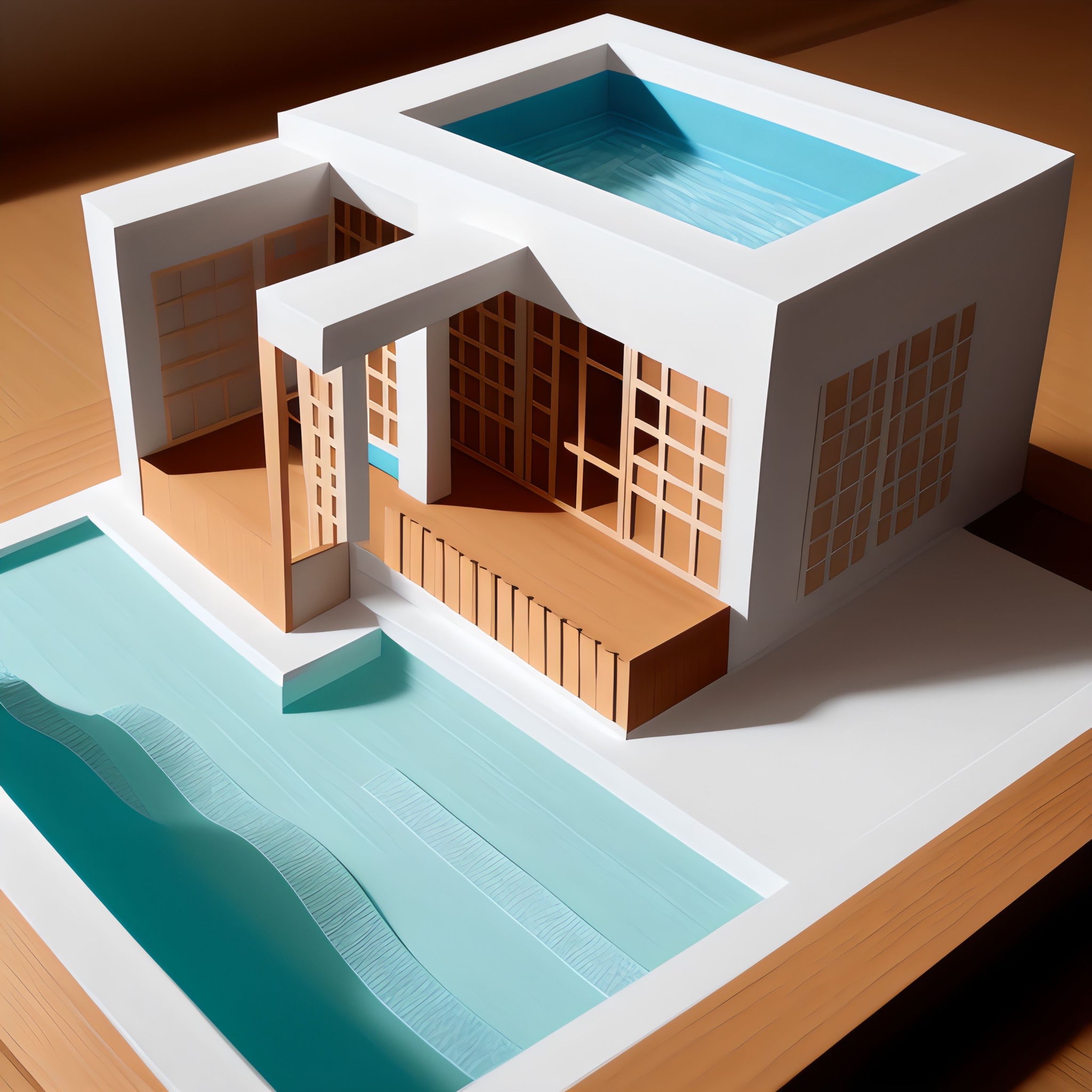 Paper model of a modern pool villa.