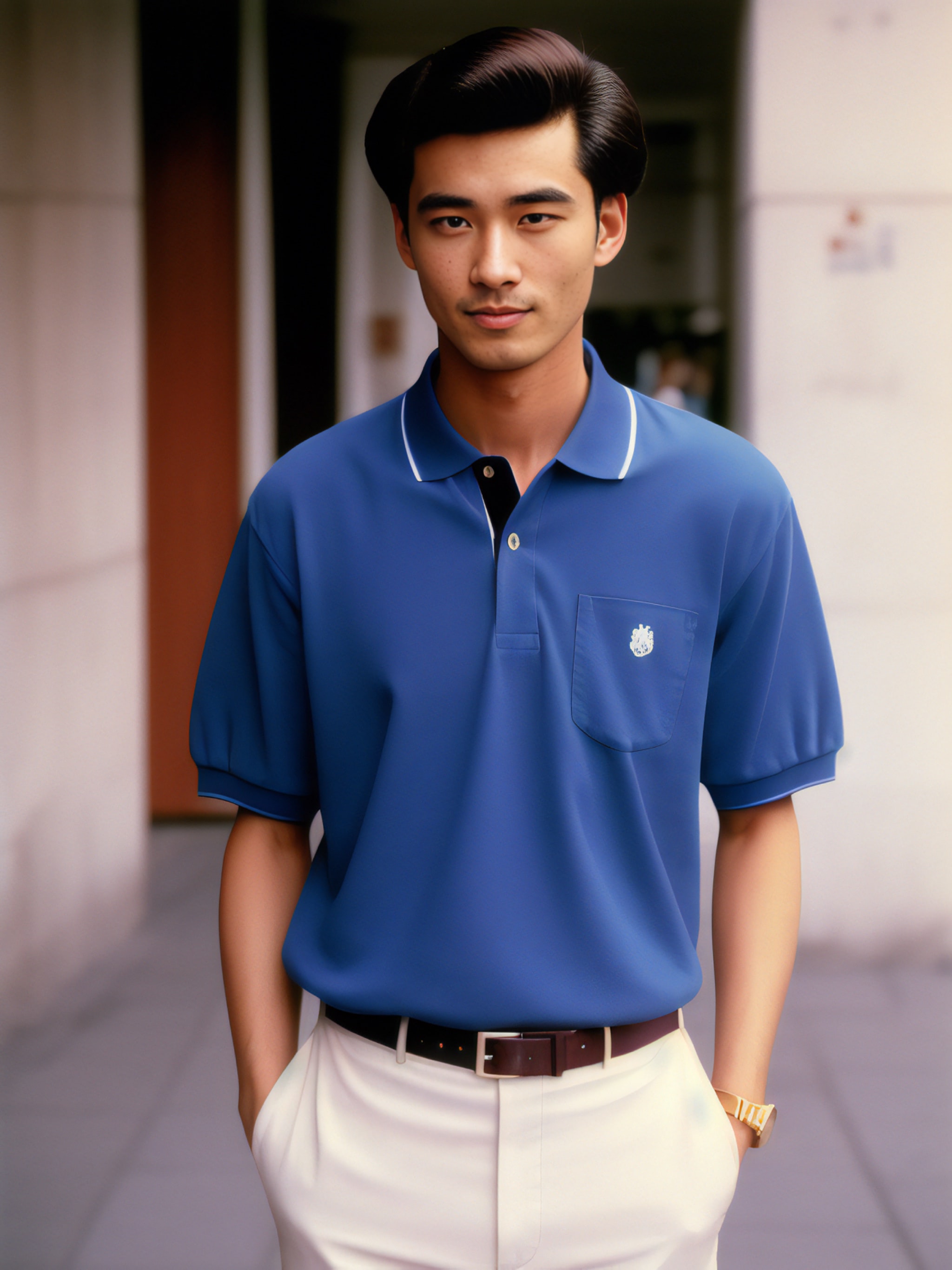 Man in a blue polo shirt and white pants.