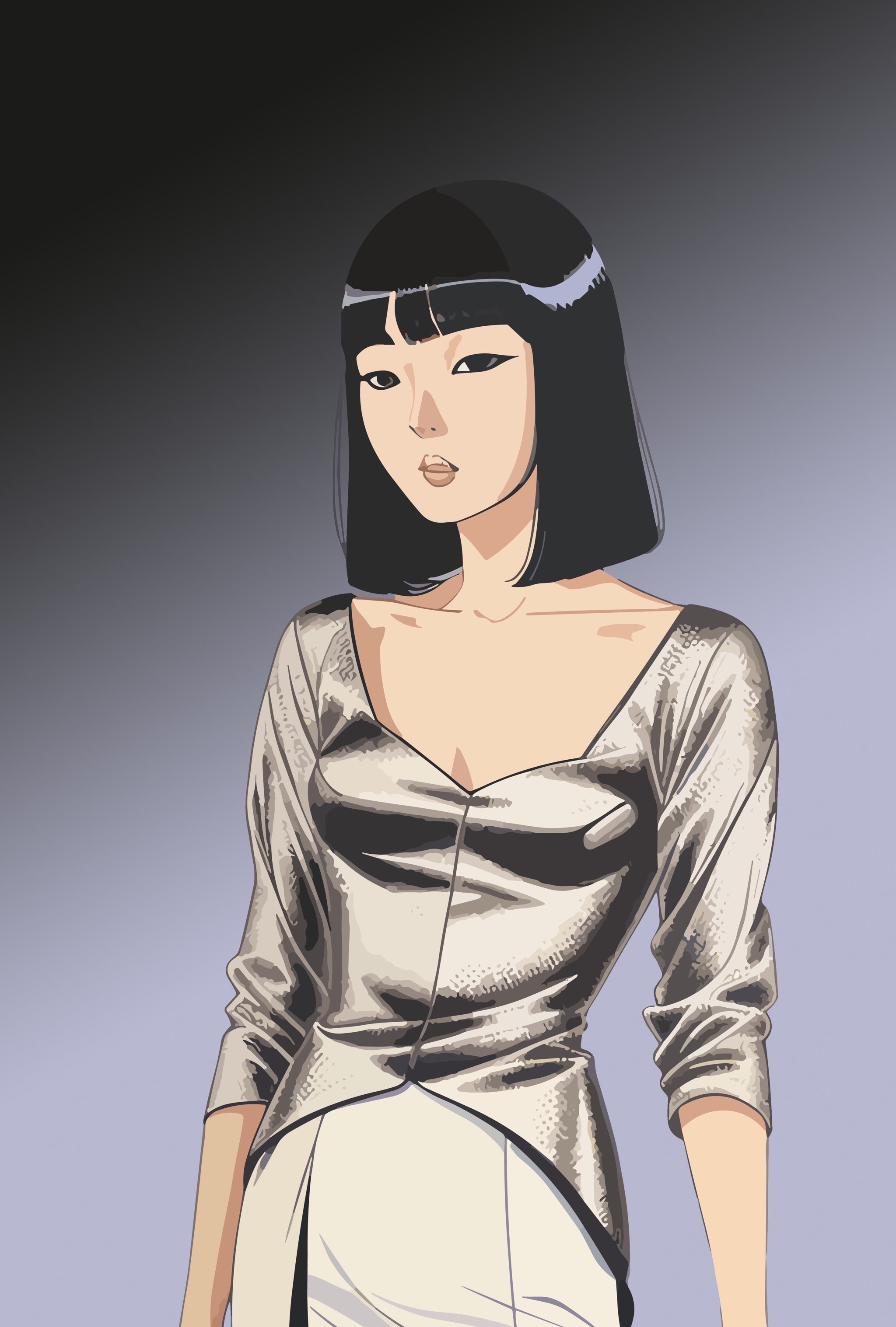 Portrait of Aika, a woman with short black hair wearing a silver top and white skirt.