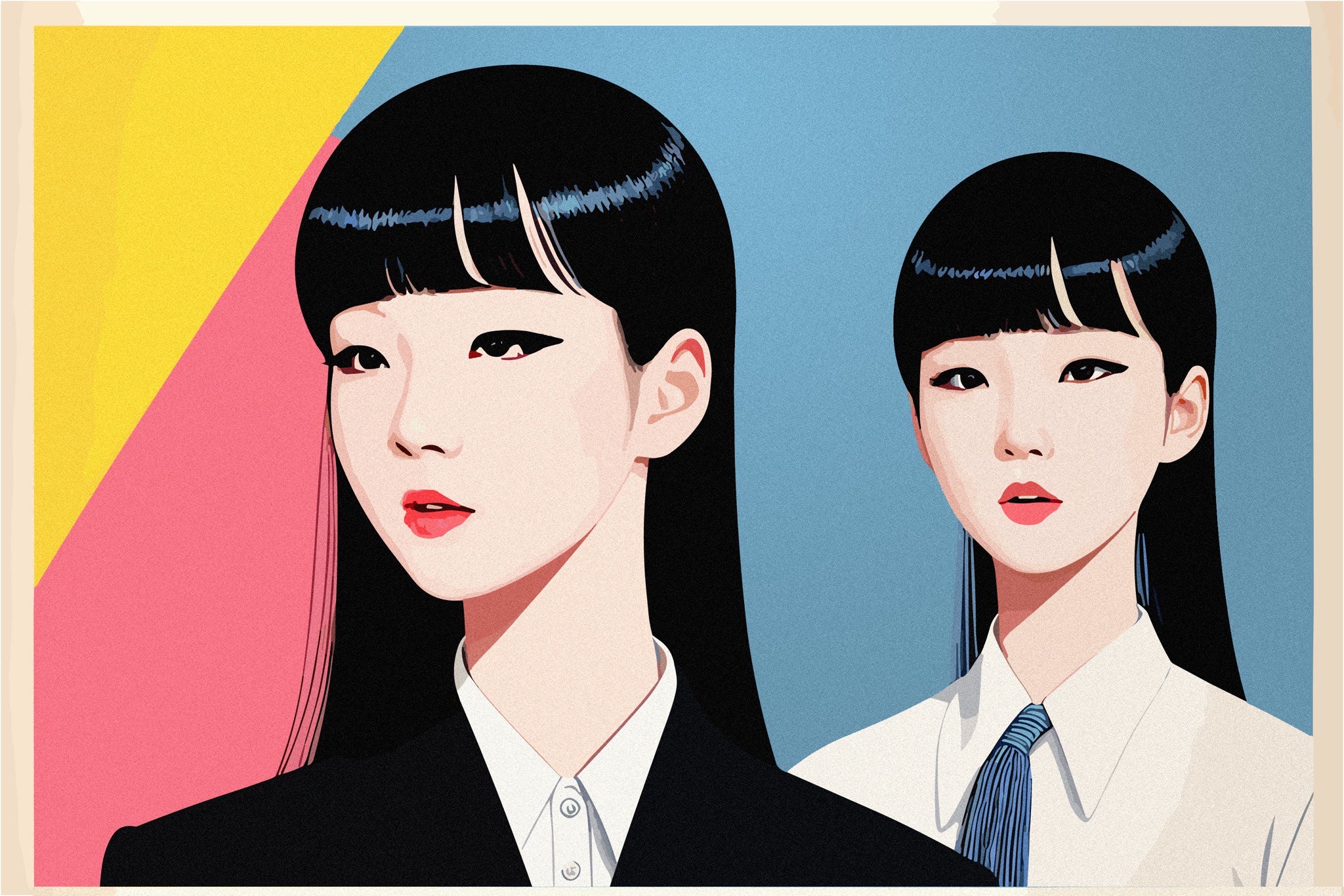 Portrait of two women with black hair and bangs, one in a black suit and the other in a white shirt and tie, against a colorful background.