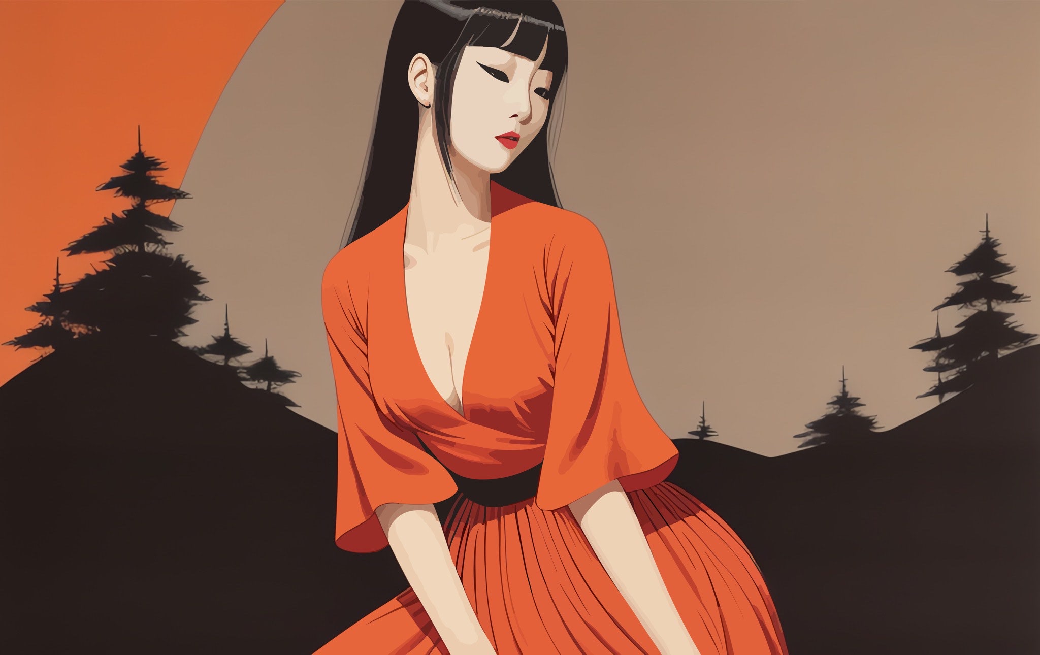 Portrait of a woman in an orange dress against a stylized landscape.