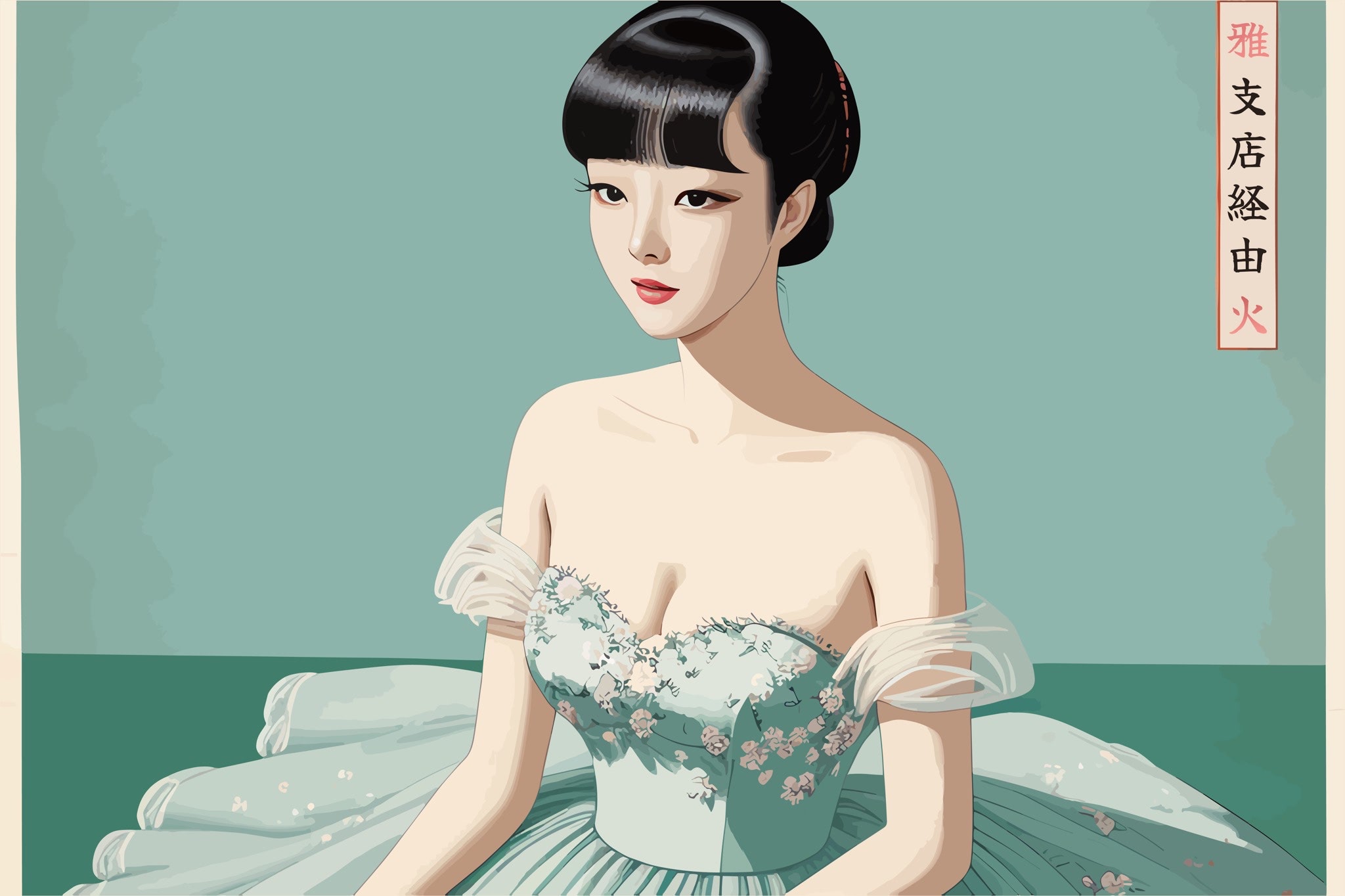 Portrait of Akari in a teal gown.
