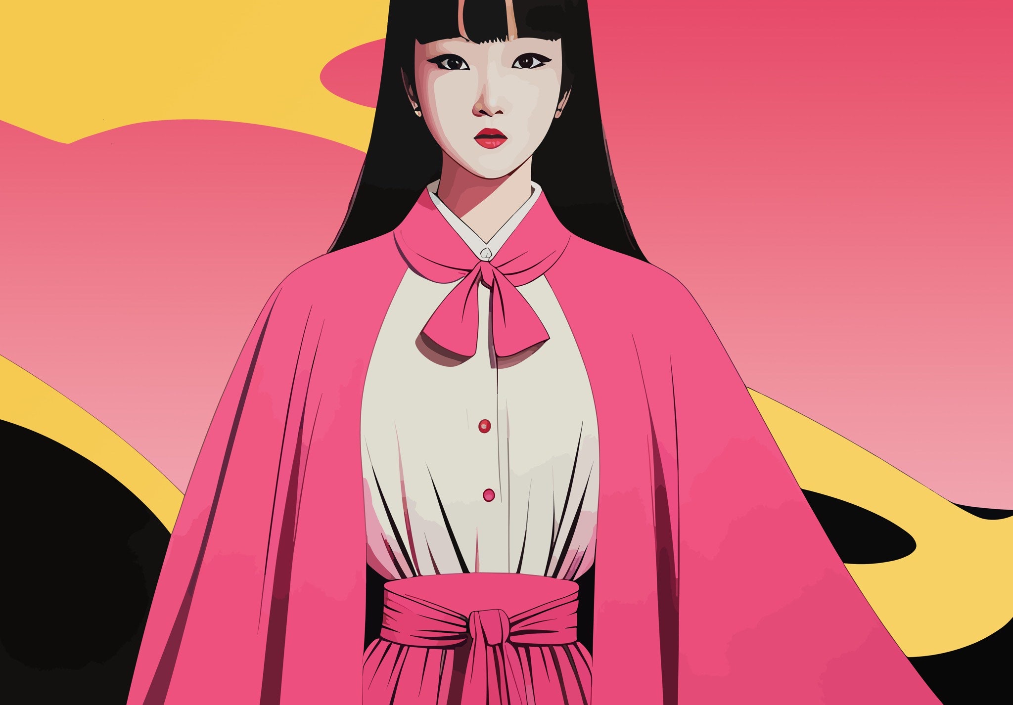 Portrait of Akira, a stylized anime-style woman in a pink cape and dress.