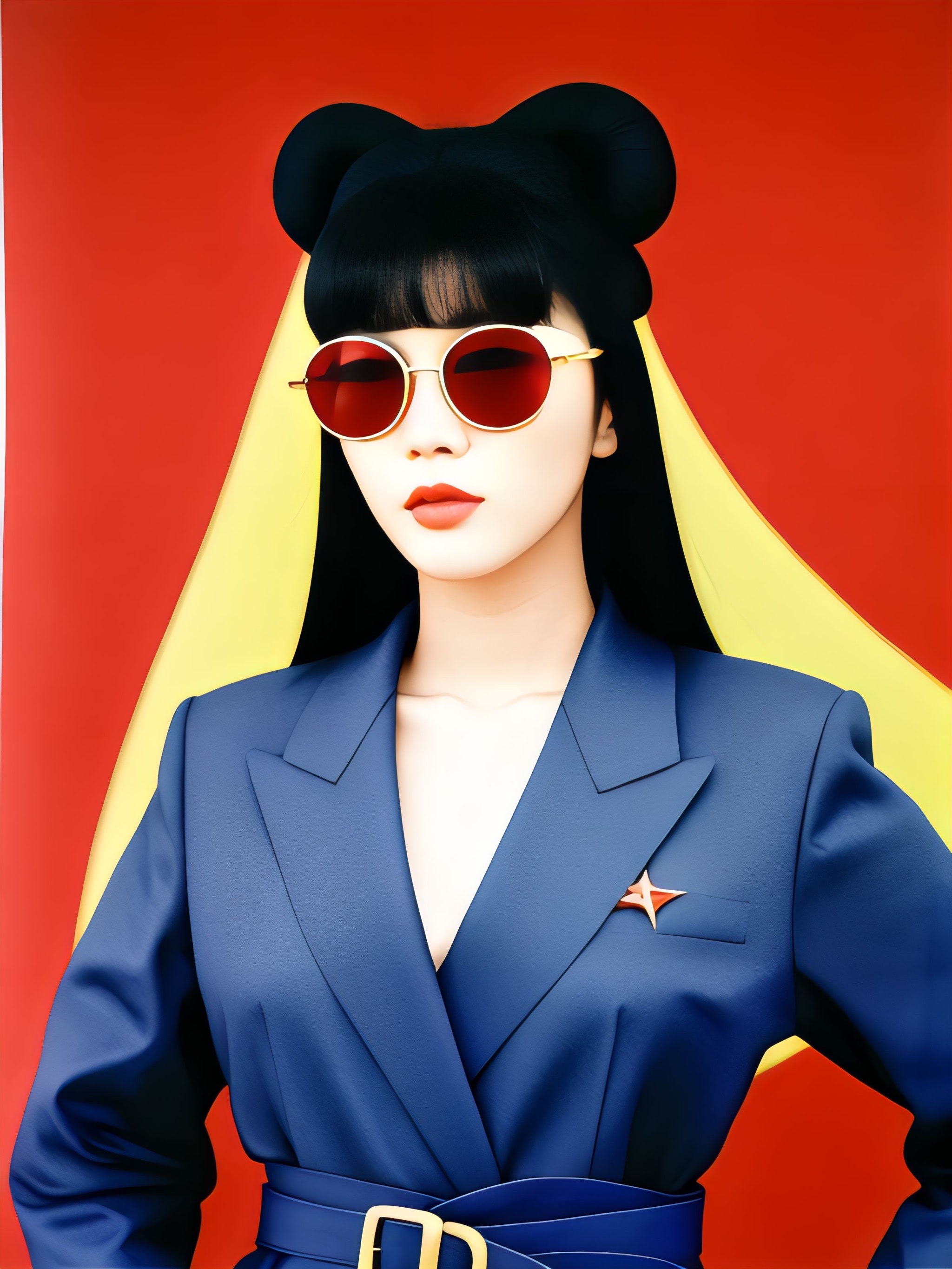 Portrait of Ayumi in a blue suit, red sunglasses, and updo hairstyle, against a red and yellow background.