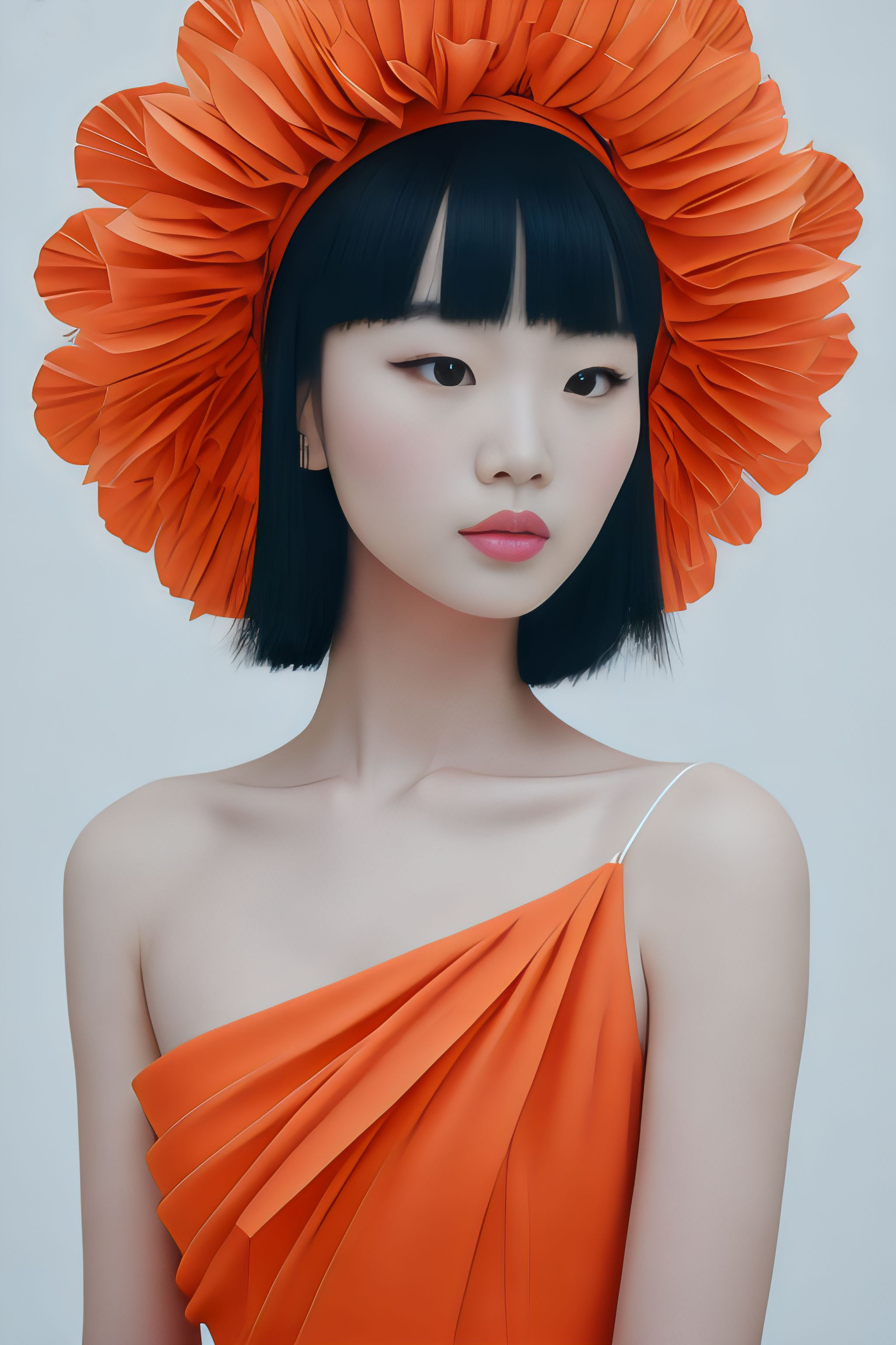 Portrait of a woman with black bob haircut wearing an orange pleated flower headpiece and matching dress.