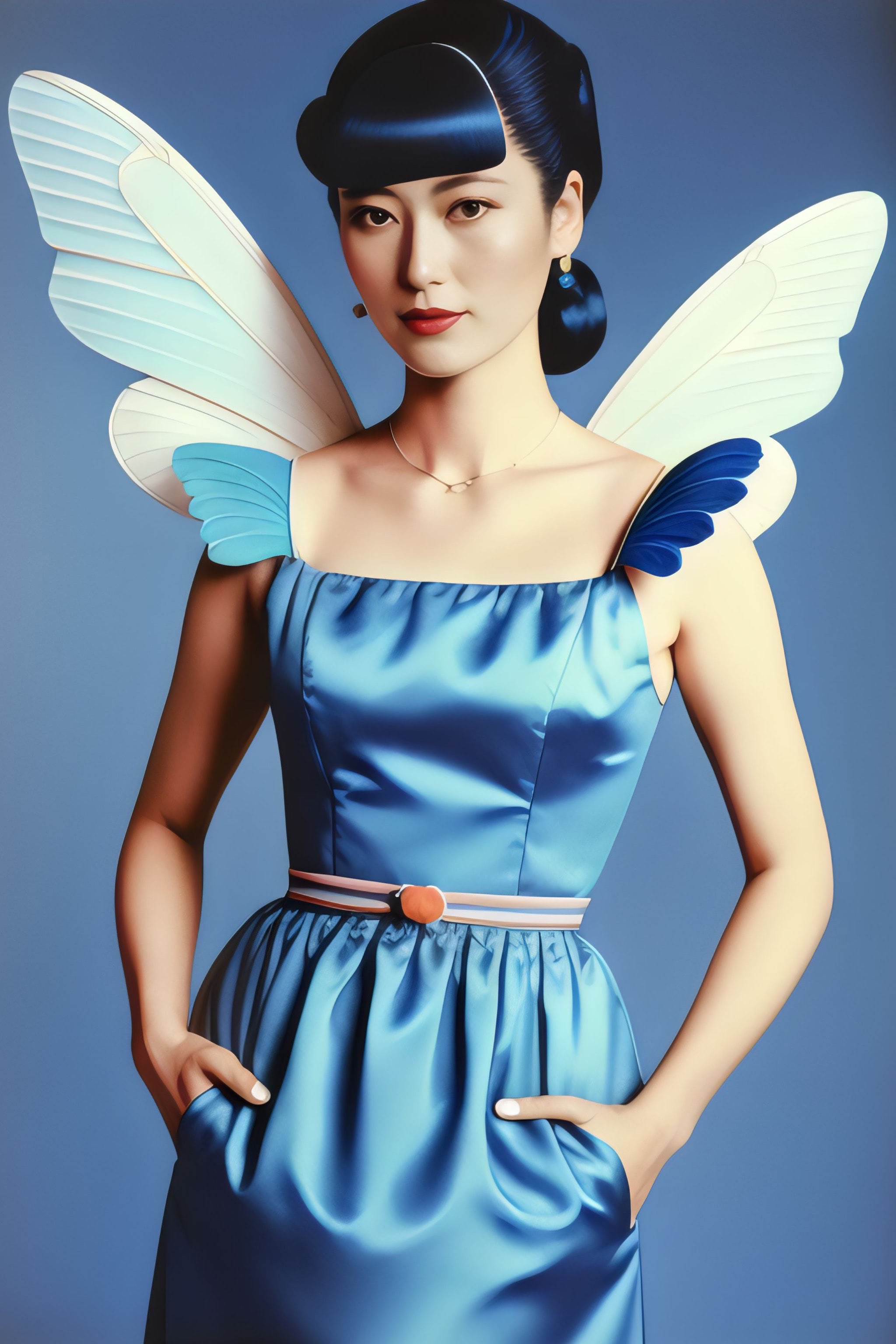 Portrait of a woman with blue wings and a blue dress.
