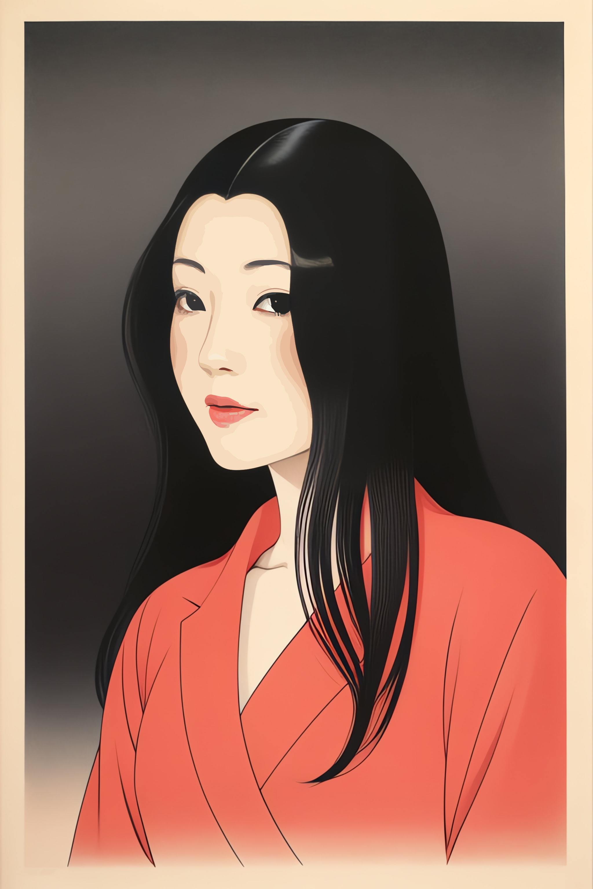 Portrait of a woman with long black hair, wearing a coral kimono.