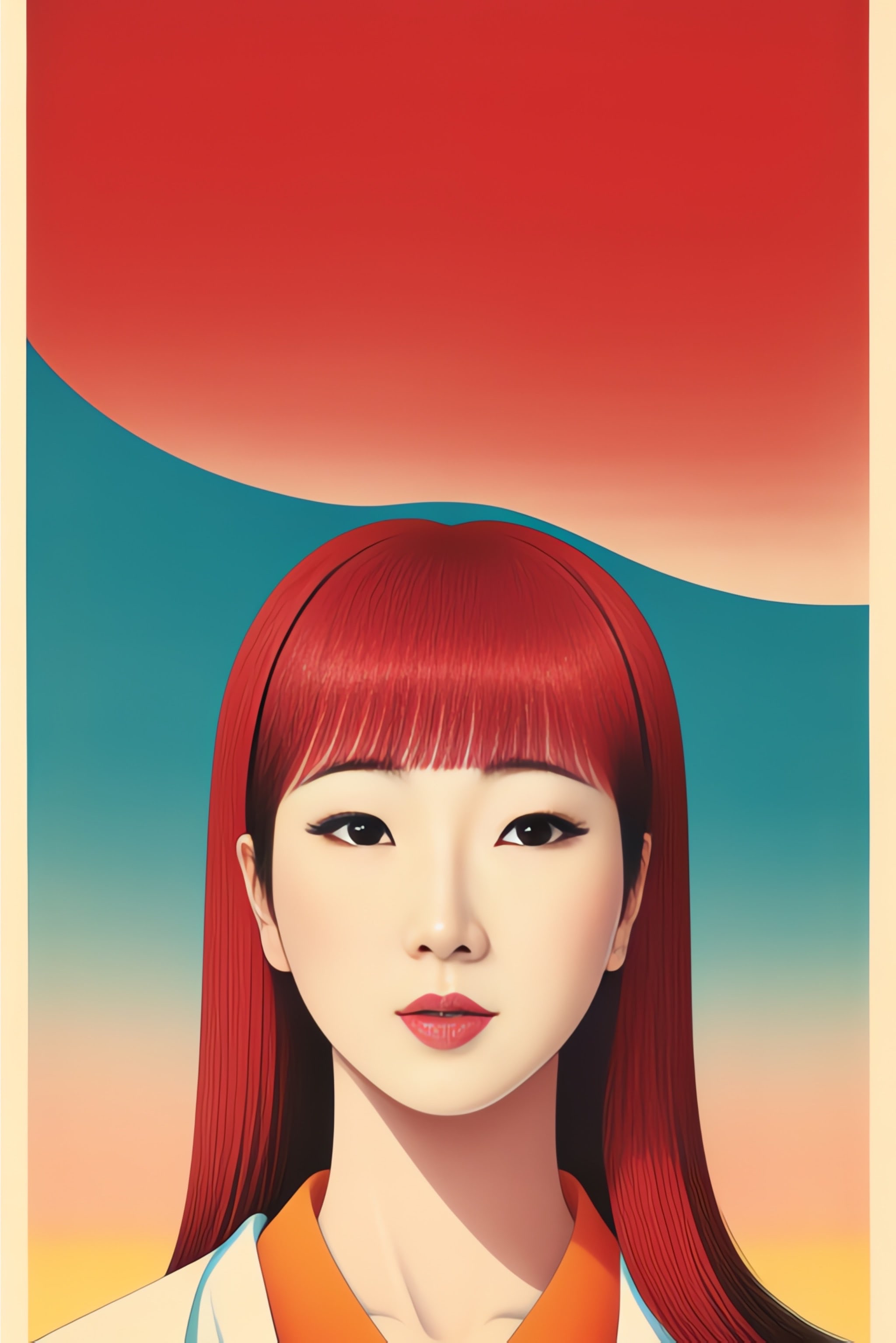 Portrait of Erika with long red hair and bangs, against an abstract background of red, teal and beige.