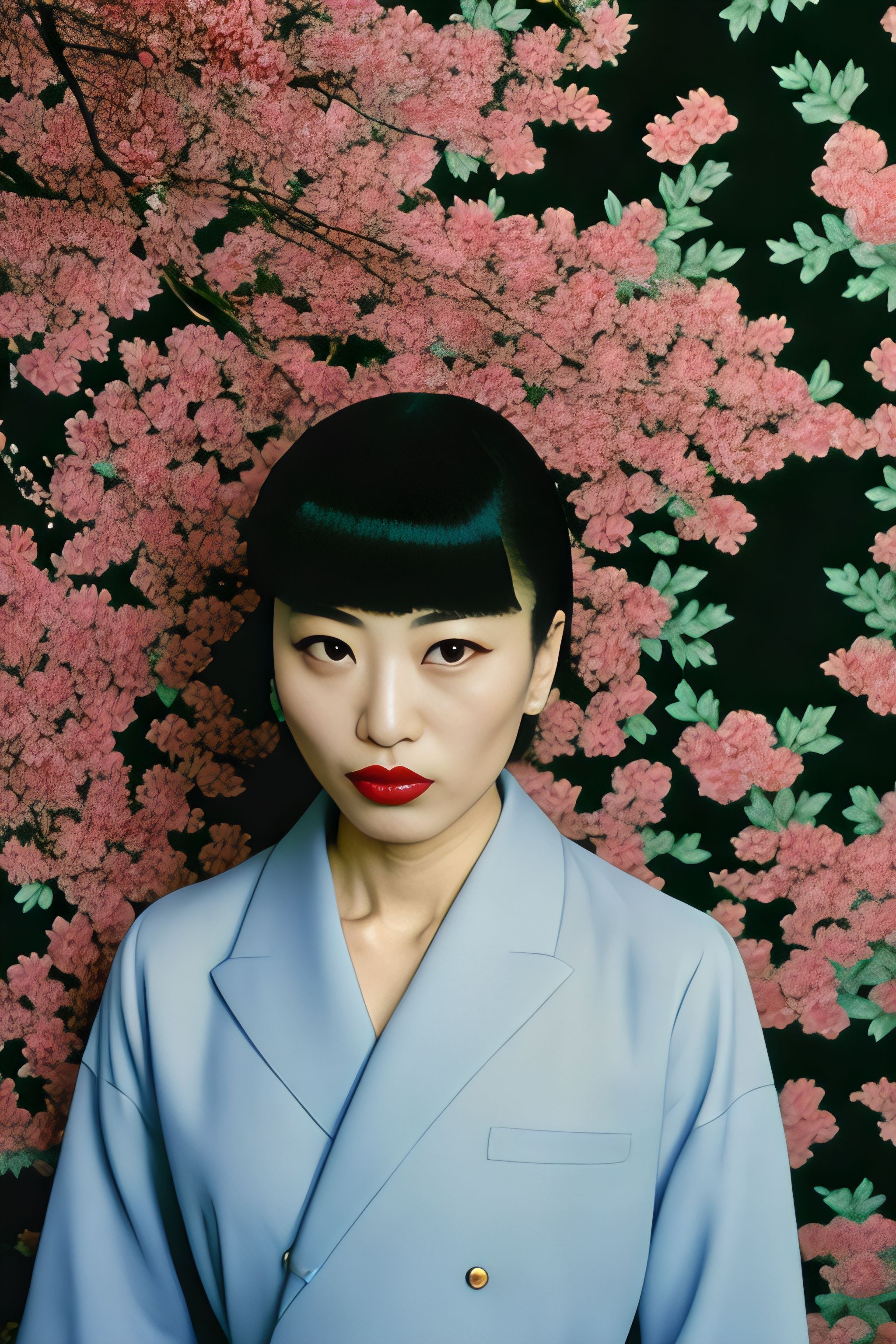 Portrait of a woman with dark hair wearing a light blue blazer against a backdrop of pink flowers.