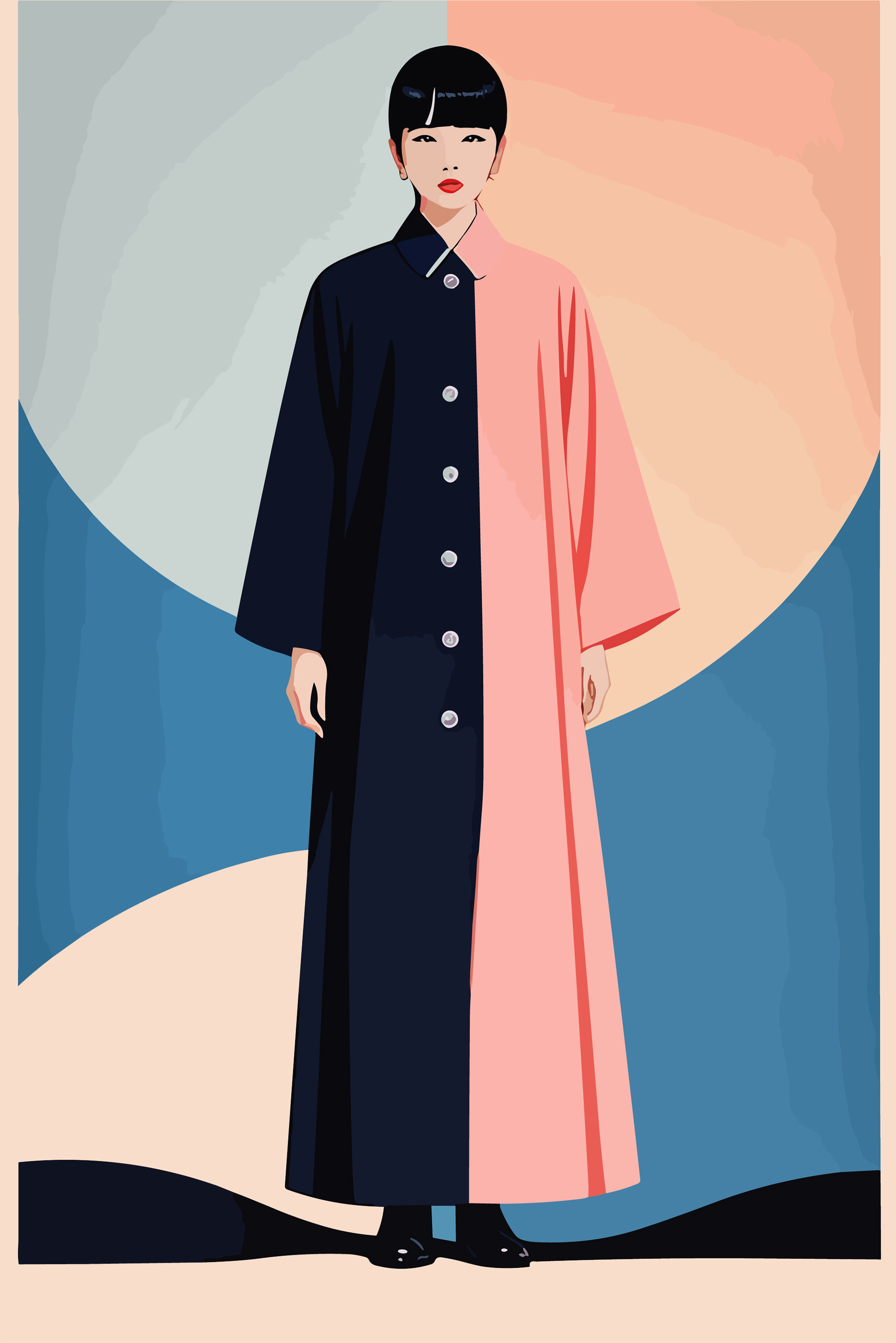 Portrait of a woman in a half-black, half-pink coat.