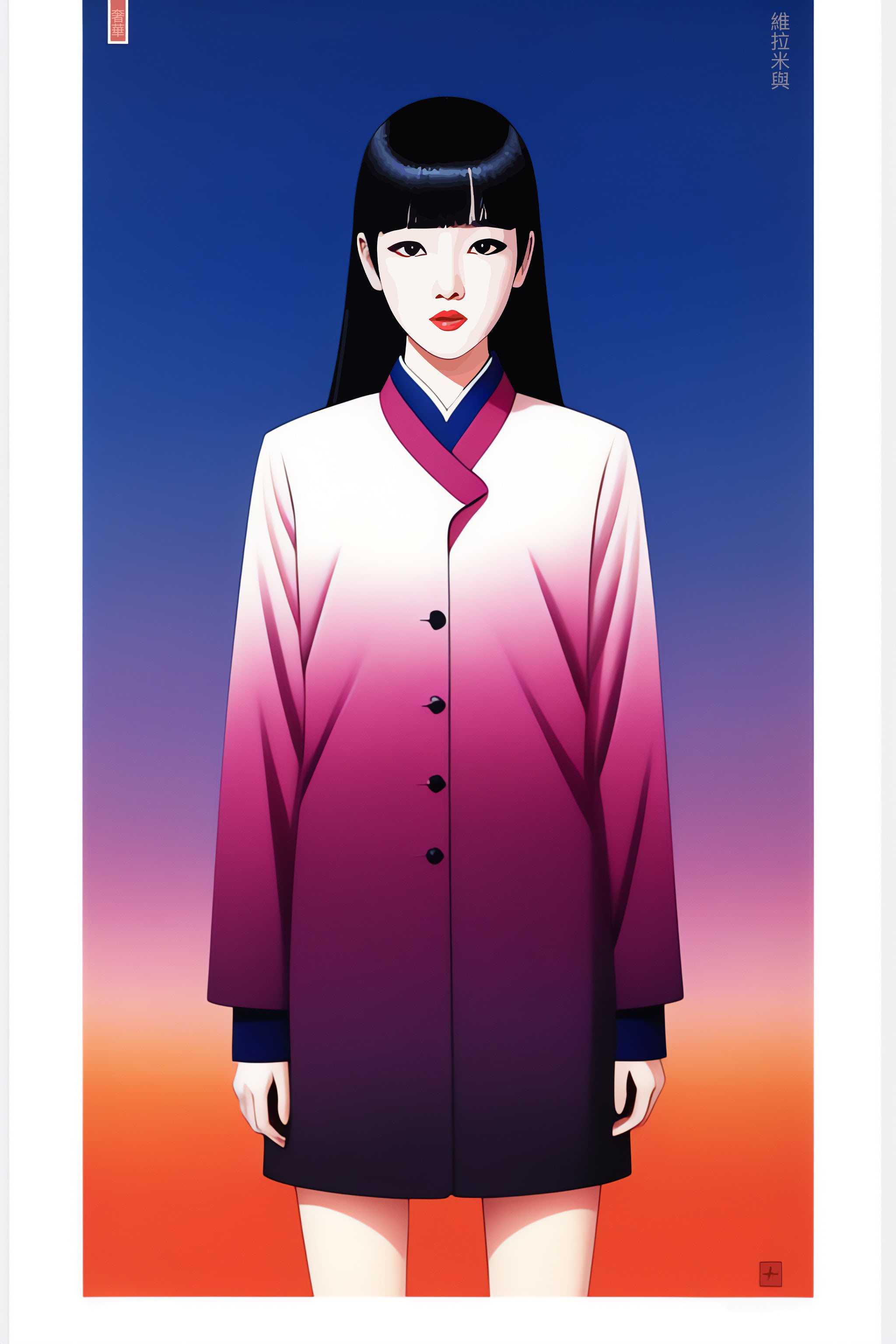 Portrait of a young woman with black hair, wearing a pink and white ombre coat.