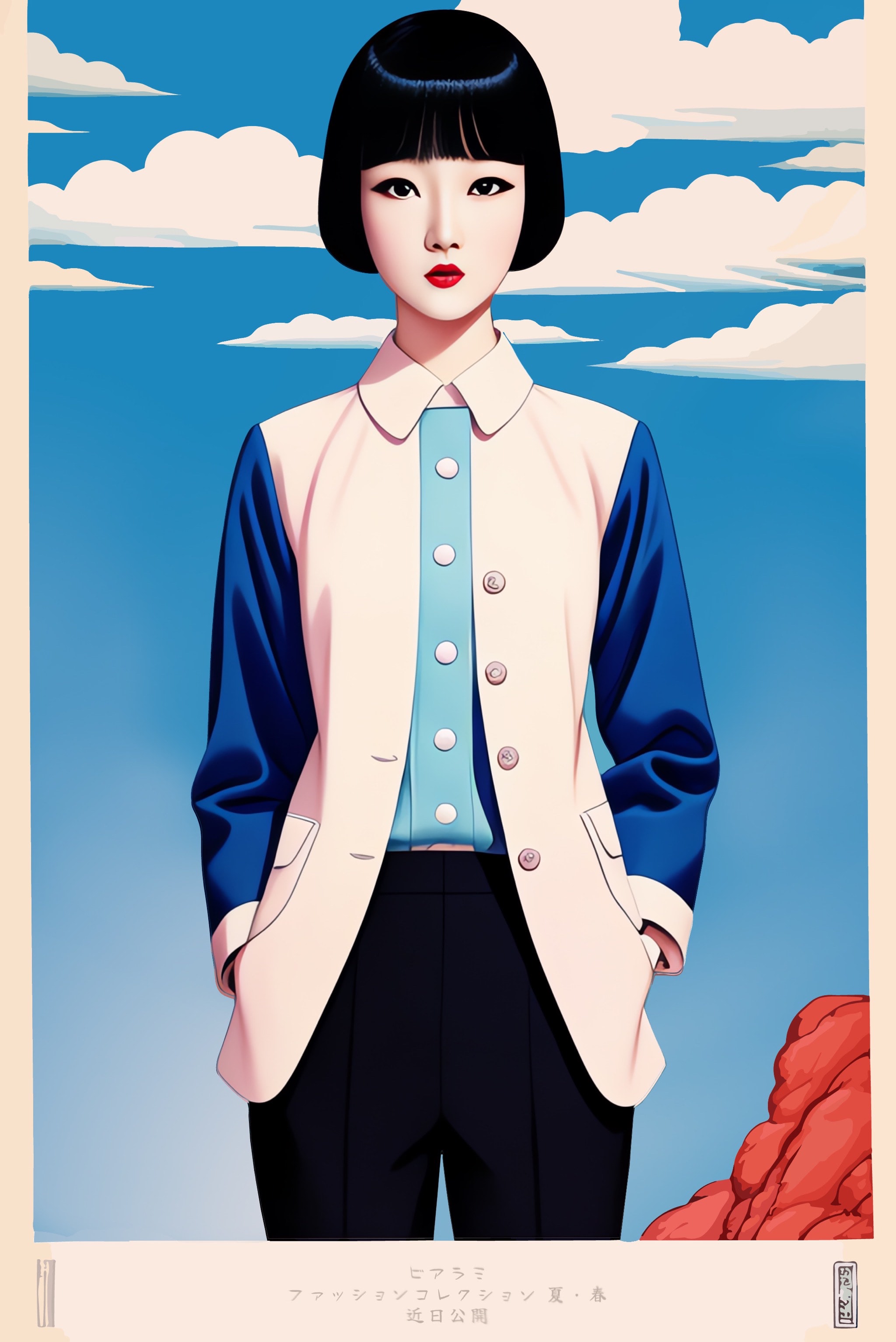 Portrait of a woman with bobbed black hair, wearing a cream and blue jacket and black pants, against a blue sky with clouds.