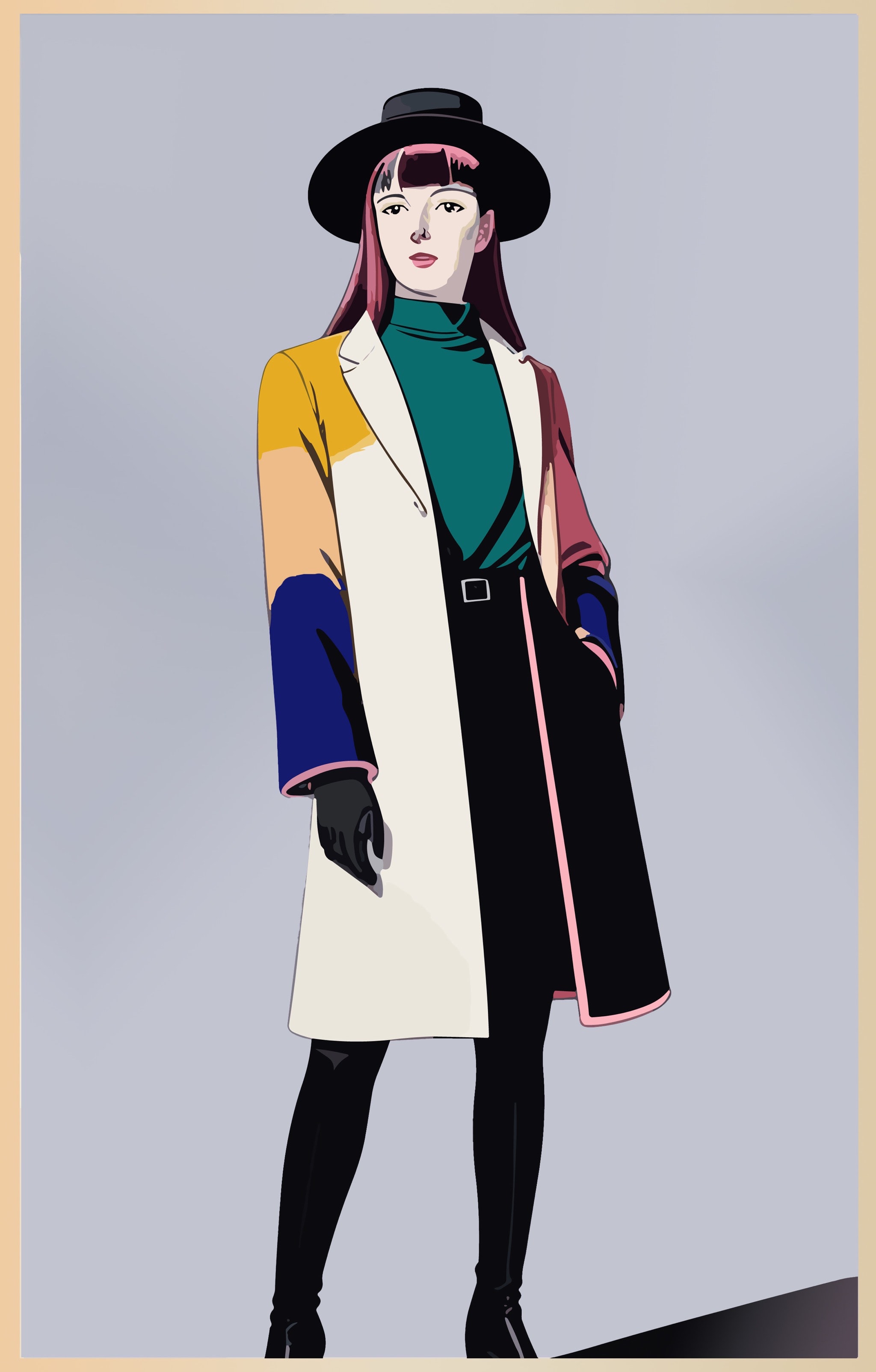 Portrait of a woman wearing a colorful coat and hat.