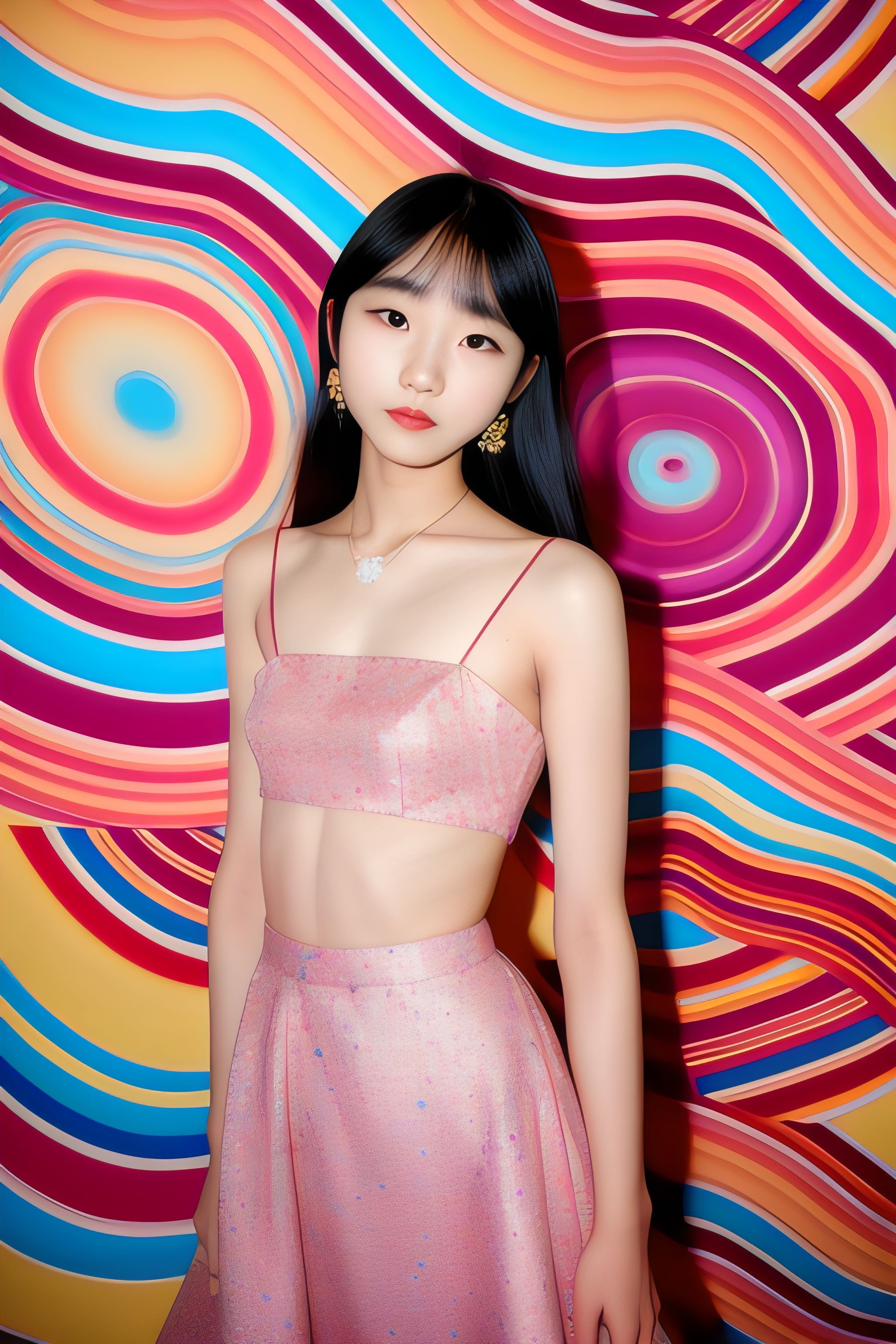 Portrait of Kisa wearing a pink crop top and skirt against a colorful striped background.