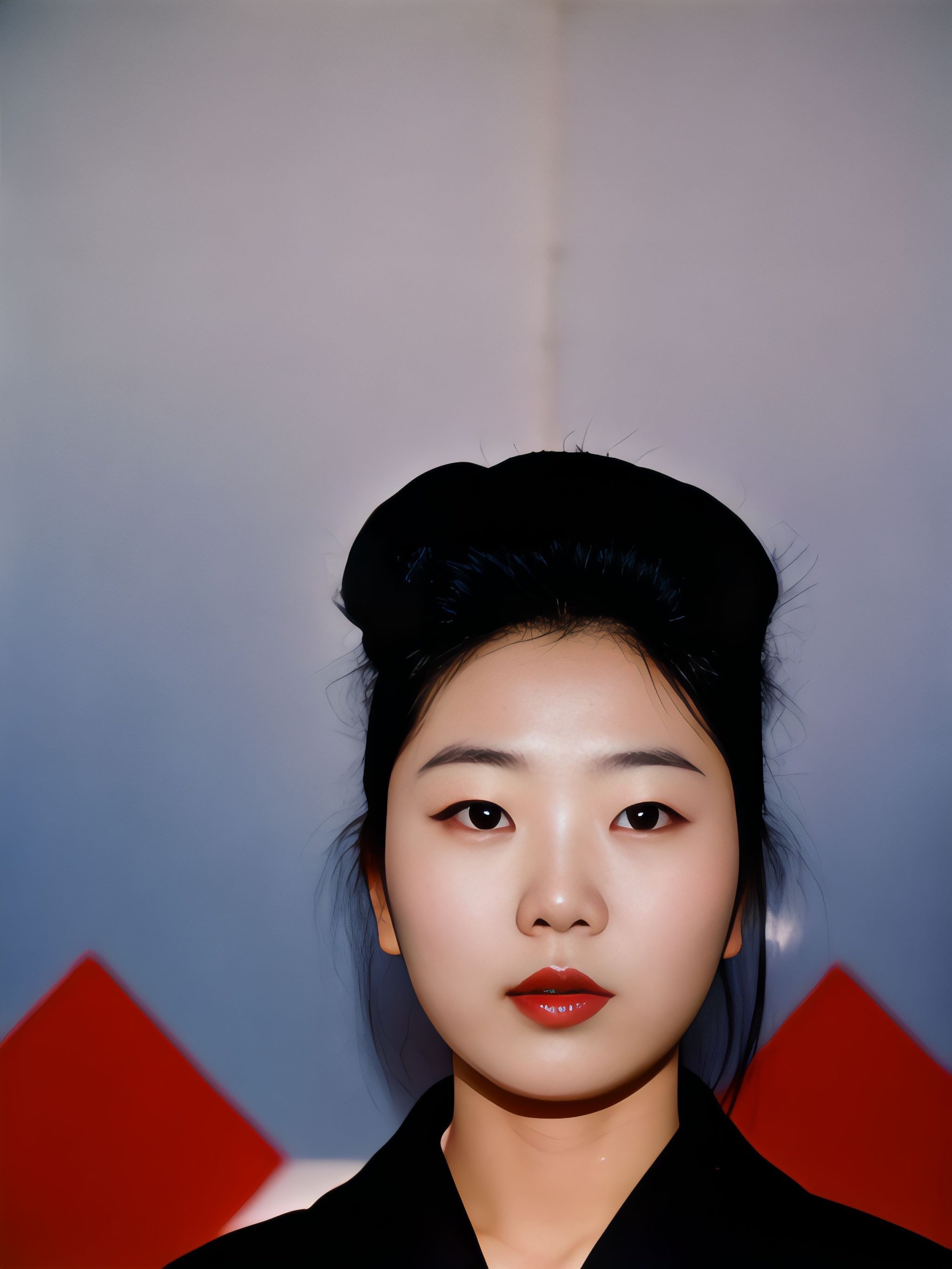 Portrait of Kiyomi, a young woman with dark hair styled up, wearing a black top.