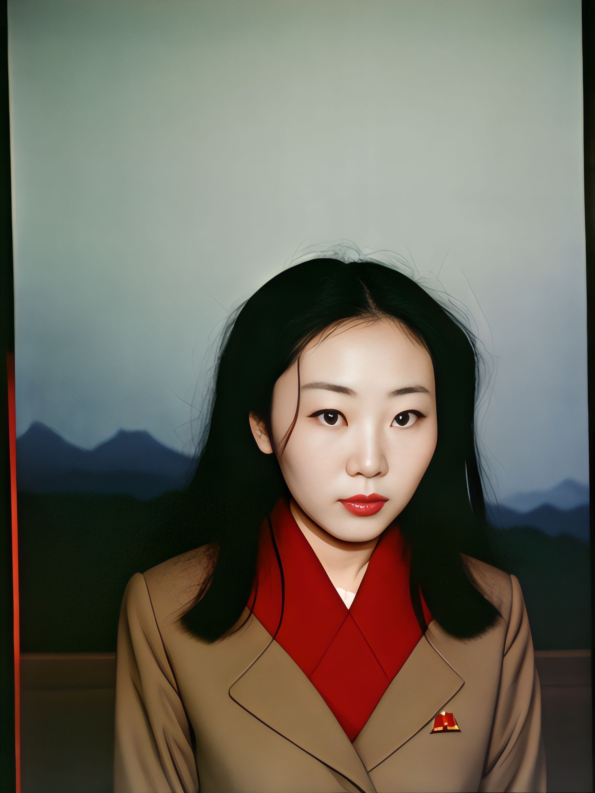 Portrait of a young woman with black hair, wearing a tan jacket and red collared shirt, with a small pin on her lapel.