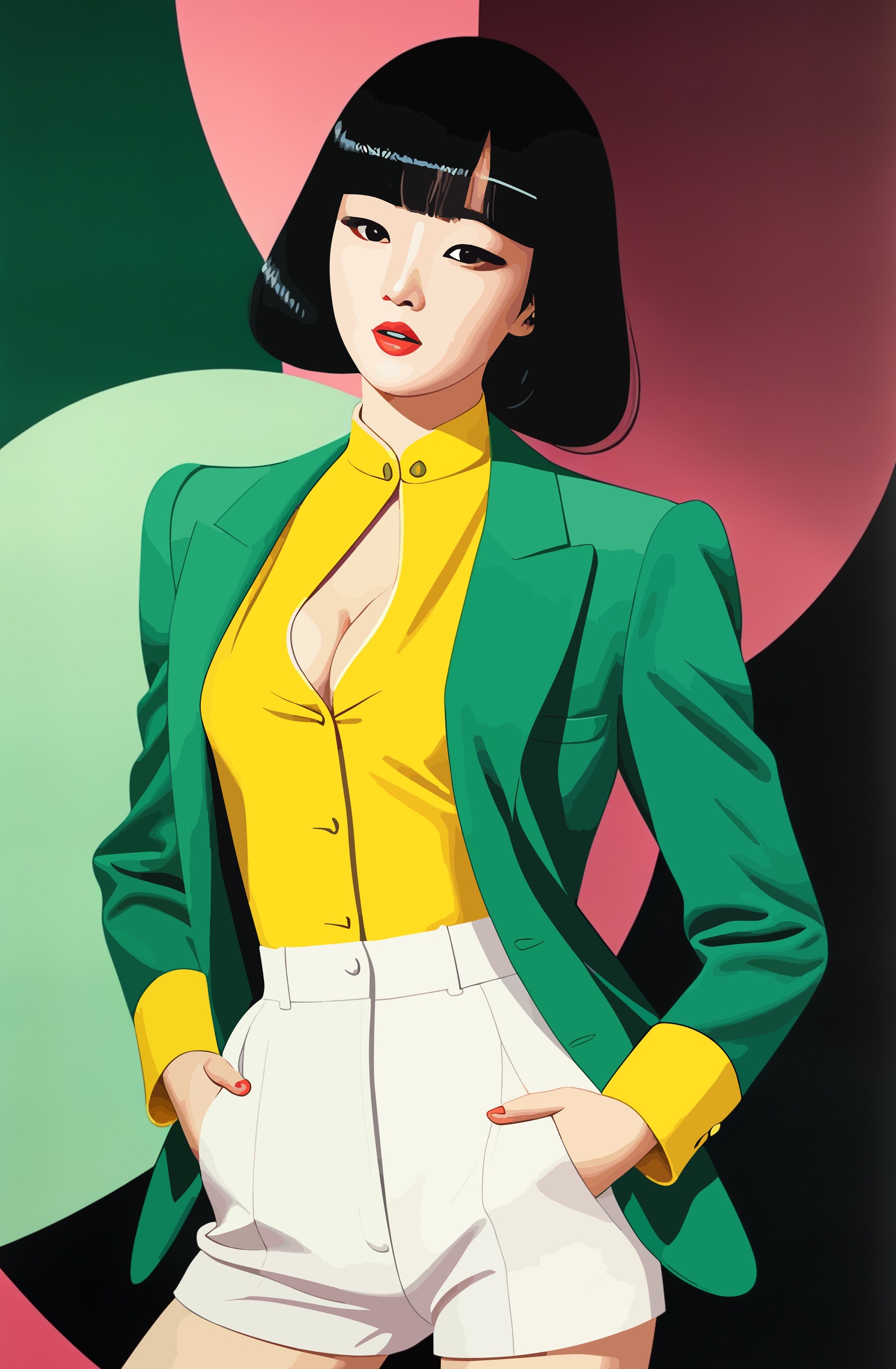 Portrait of Leiko, a stylized illustration of a woman with bobbed black hair, wearing a green jacket over a yellow shirt and white shorts.