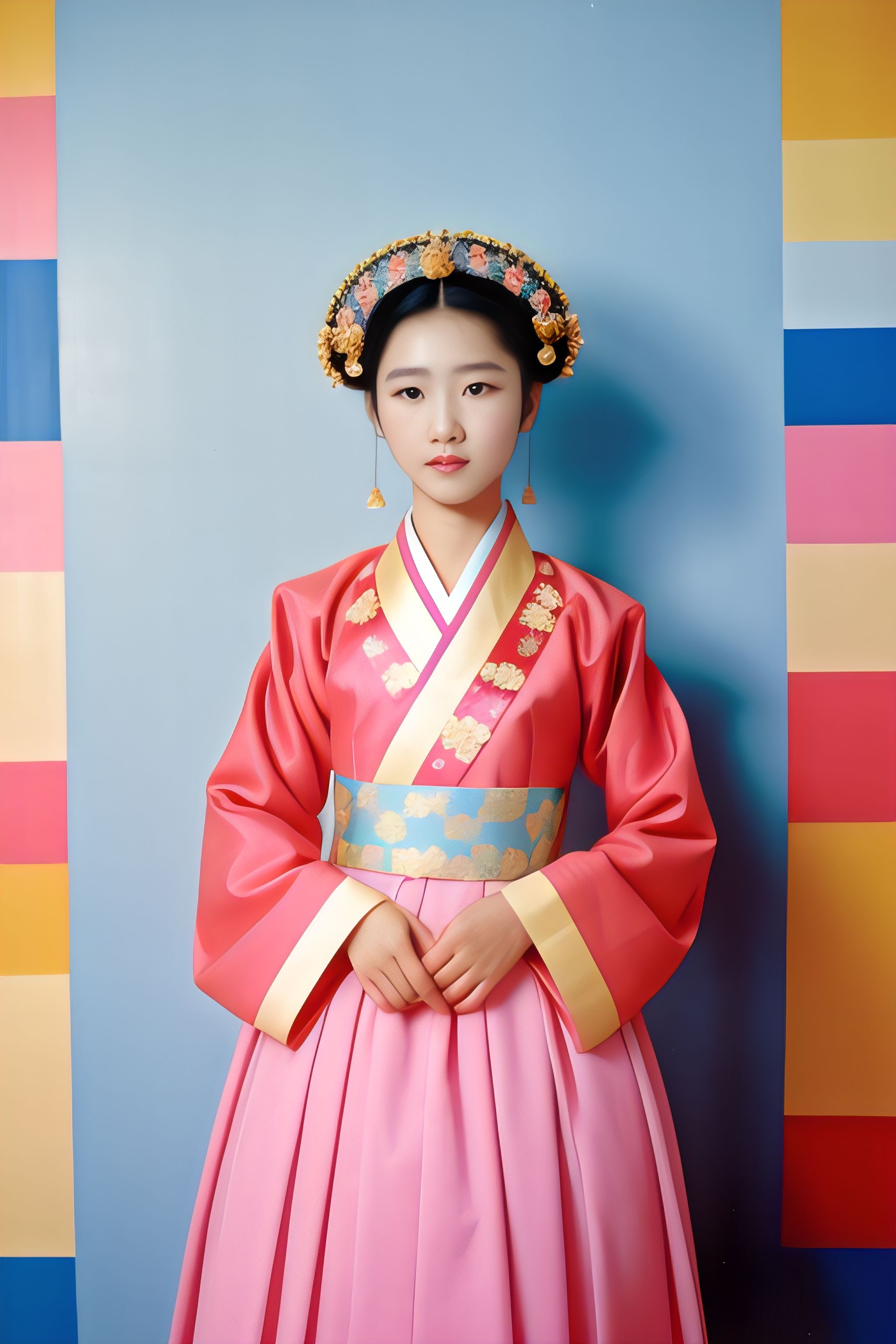 Portrait of a young woman in a pink Hanbok against a colorful background.