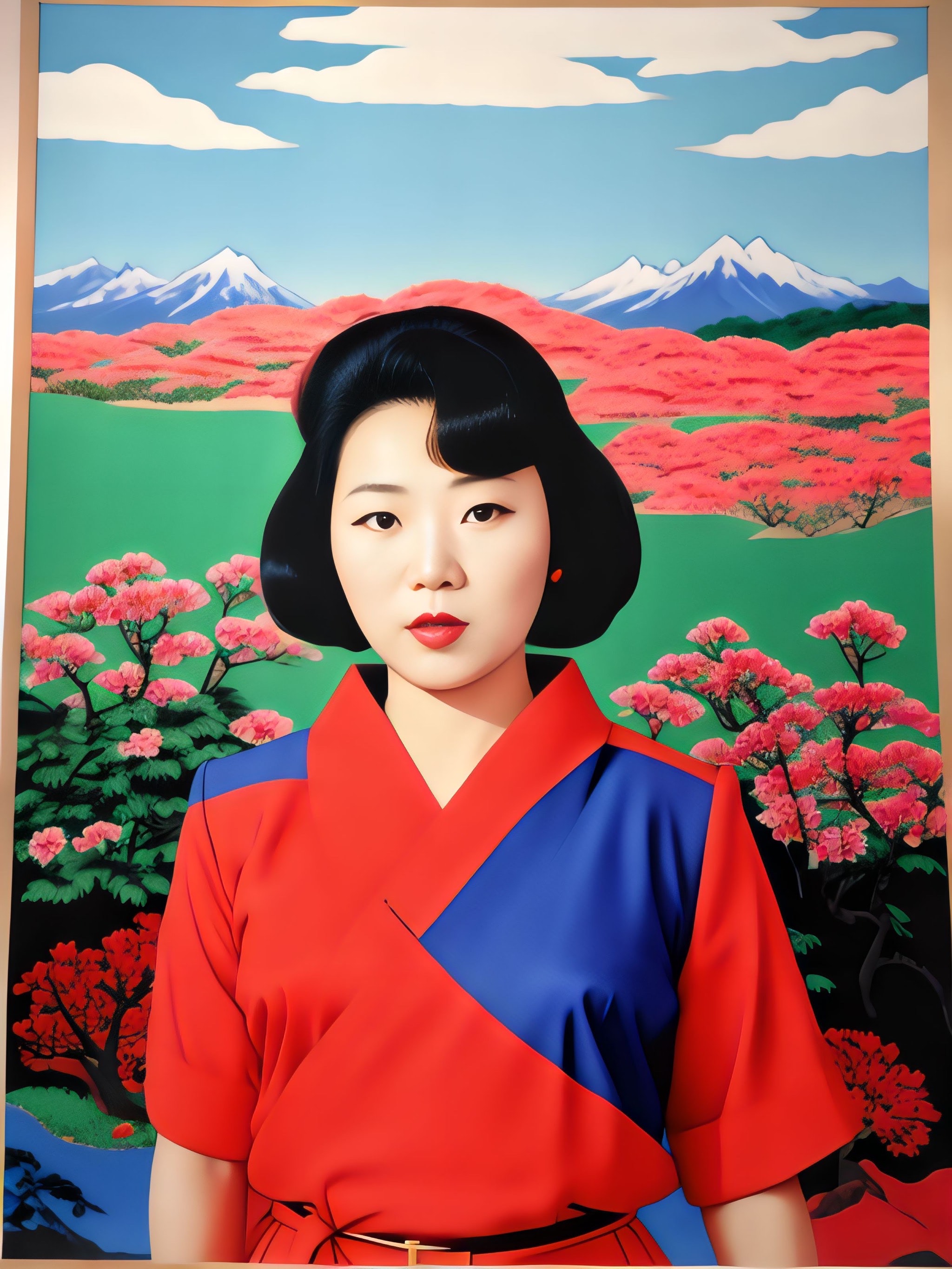 Portrait of Maya in a red and blue dress against a stylized landscape.