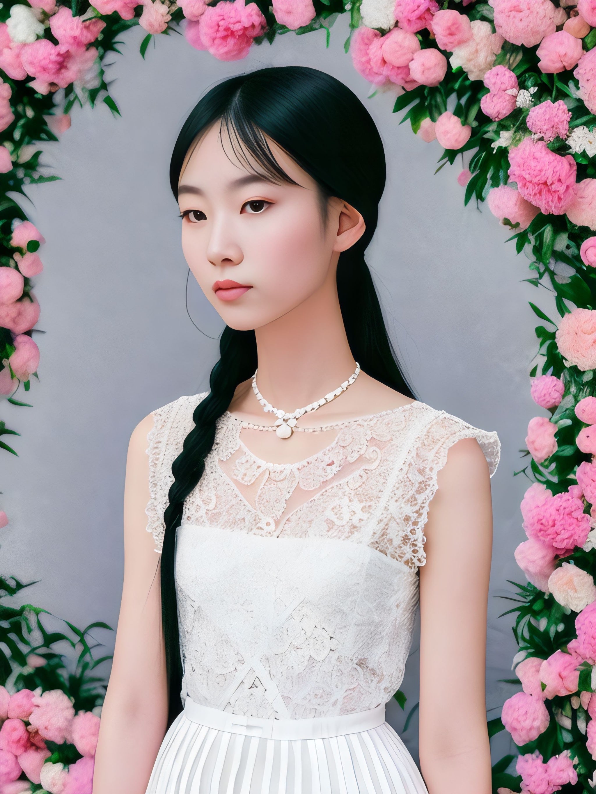 Portrait of Mayu, a young woman with long black hair in a white lace dress, surrounded by pink flowers.