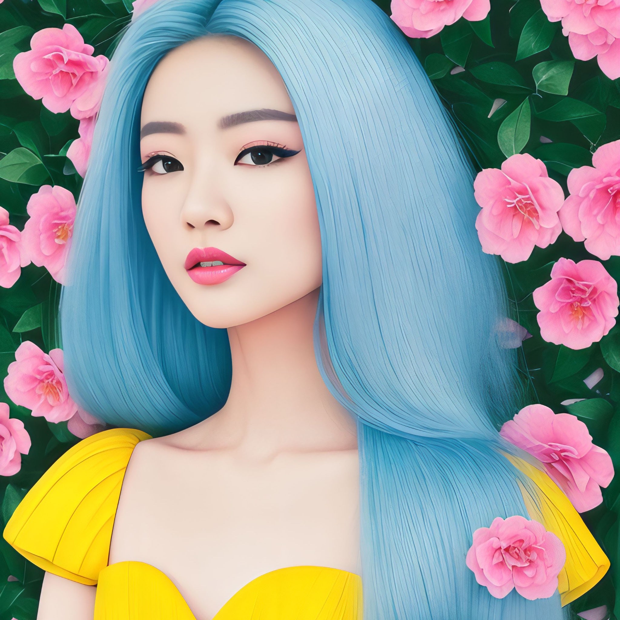 Portrait of a woman with long light blue hair wearing a yellow dress, surrounded by pink flowers.