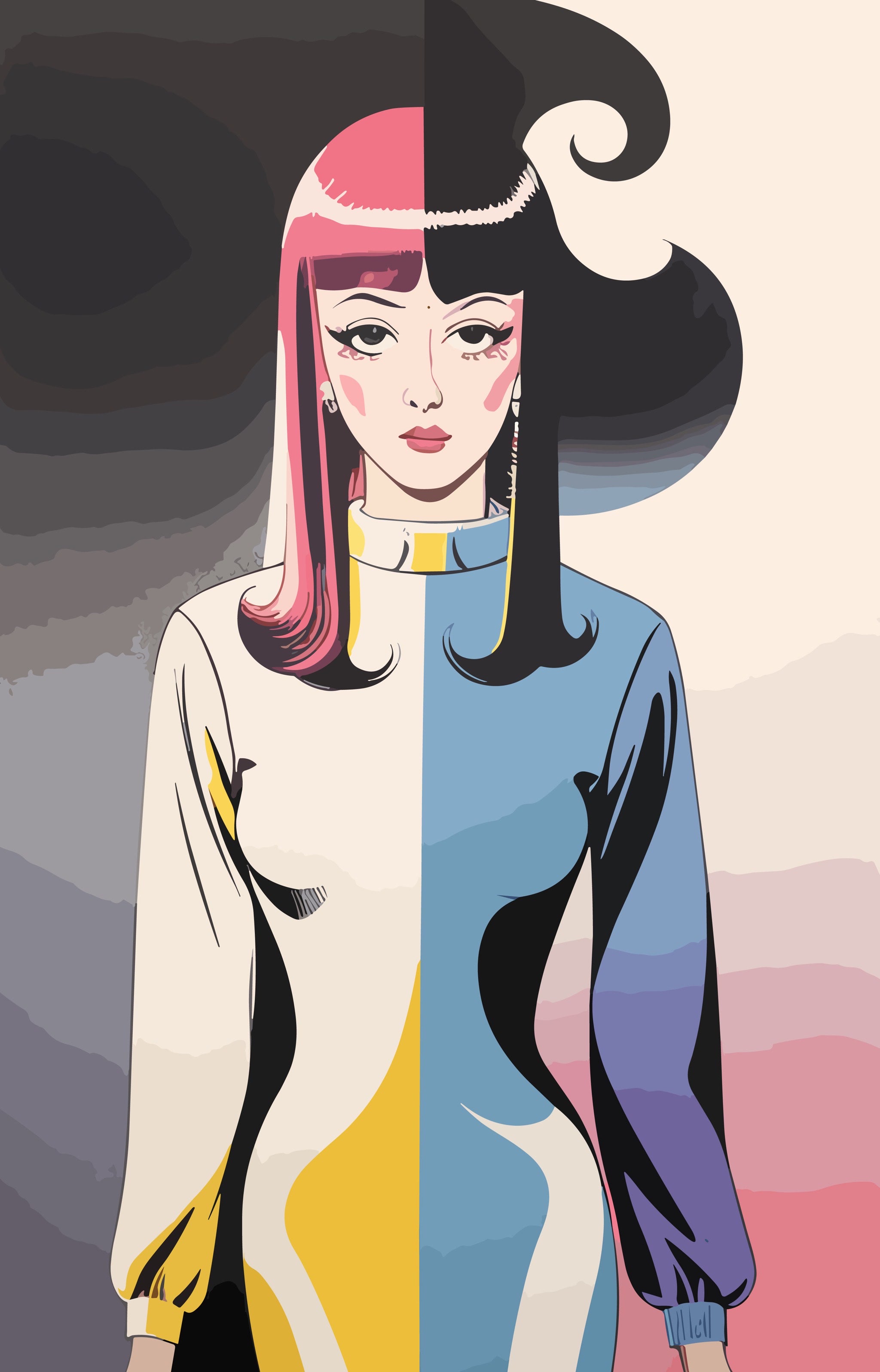 Portrait of a woman with pink and black hair, wearing a two-toned dress.