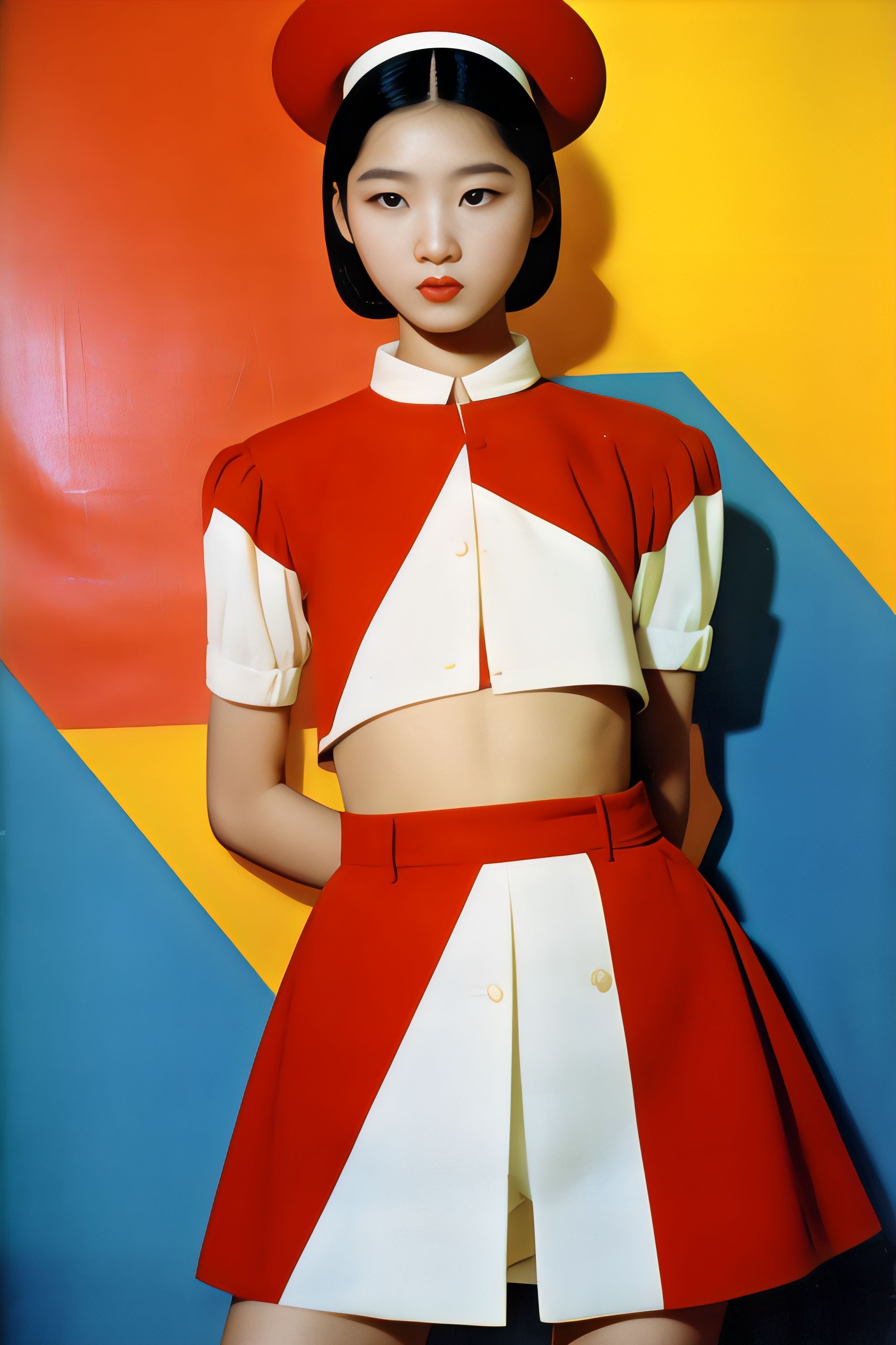 Portrait of Mia wearing a red and white outfit against a colorful background.