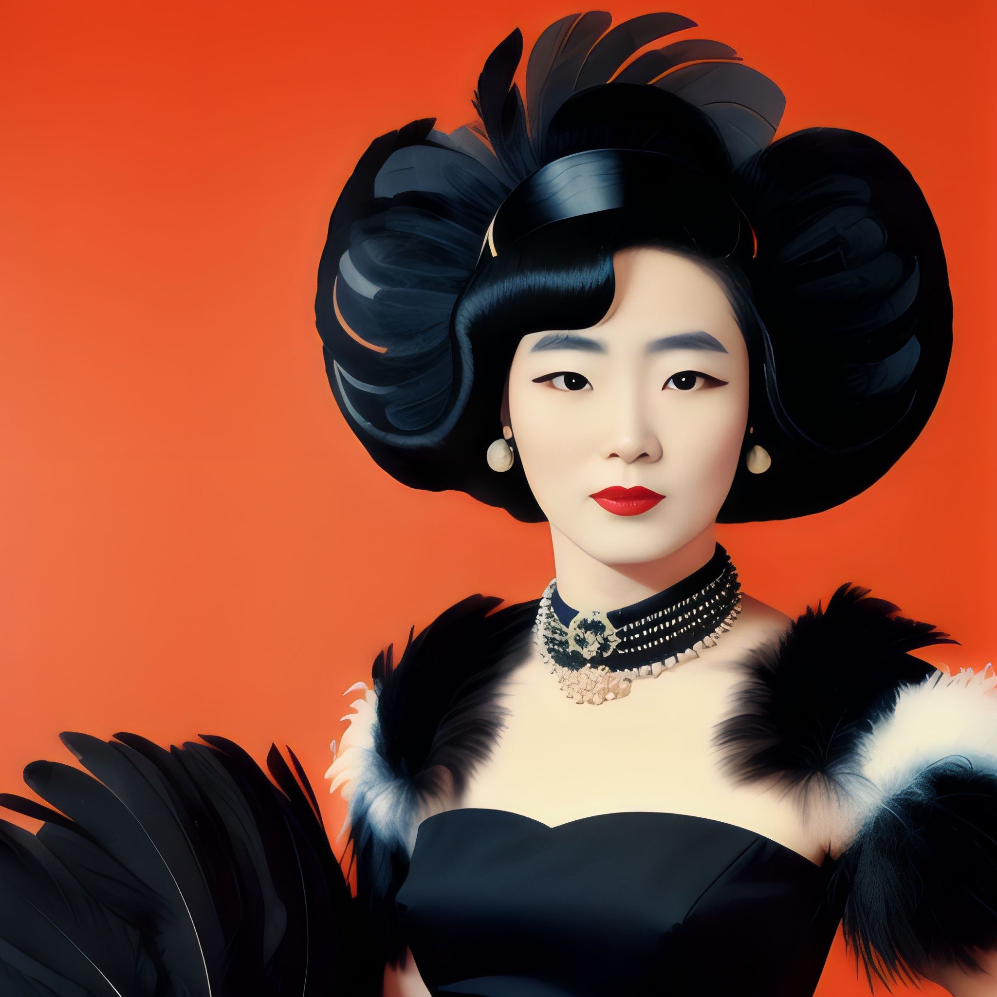 Portrait of Mika Saya in a black feather headdress and dress against an orange background.