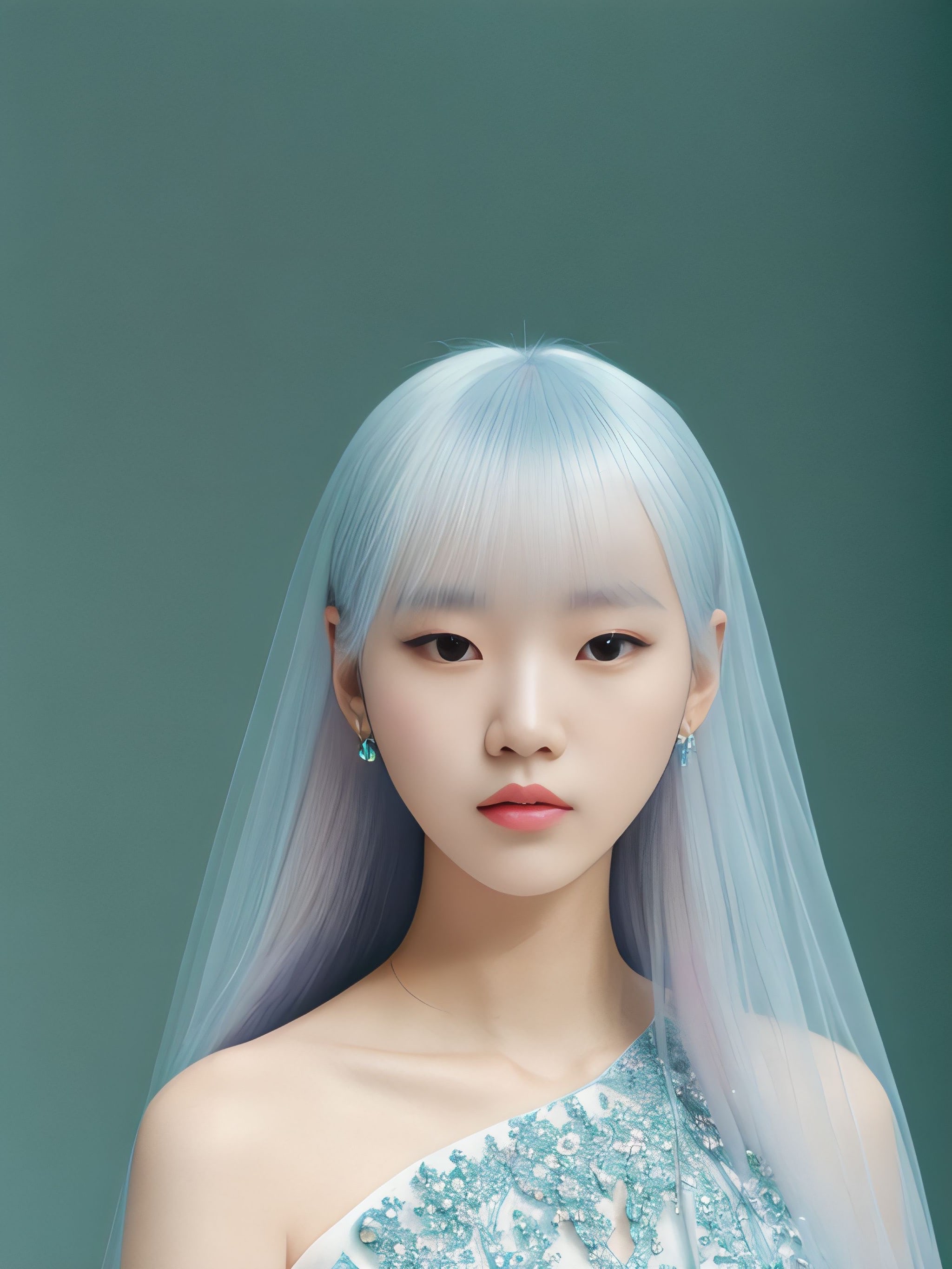 Portrait of Mikano with light blue hair and veil, wearing a teal and white one-shoulder dress.