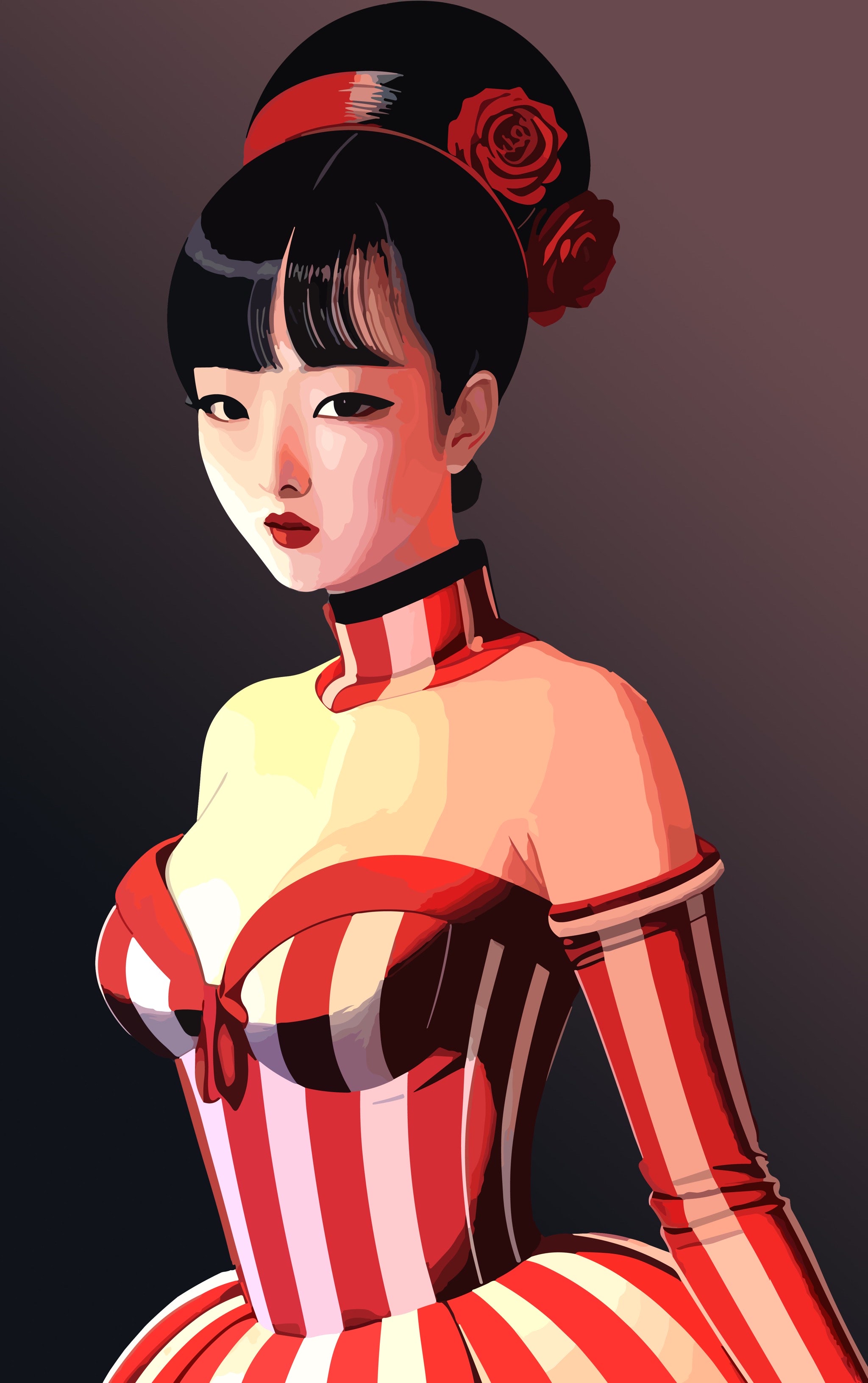 Portrait of a woman with dark hair styled up with red roses, wearing a red and white striped dress.