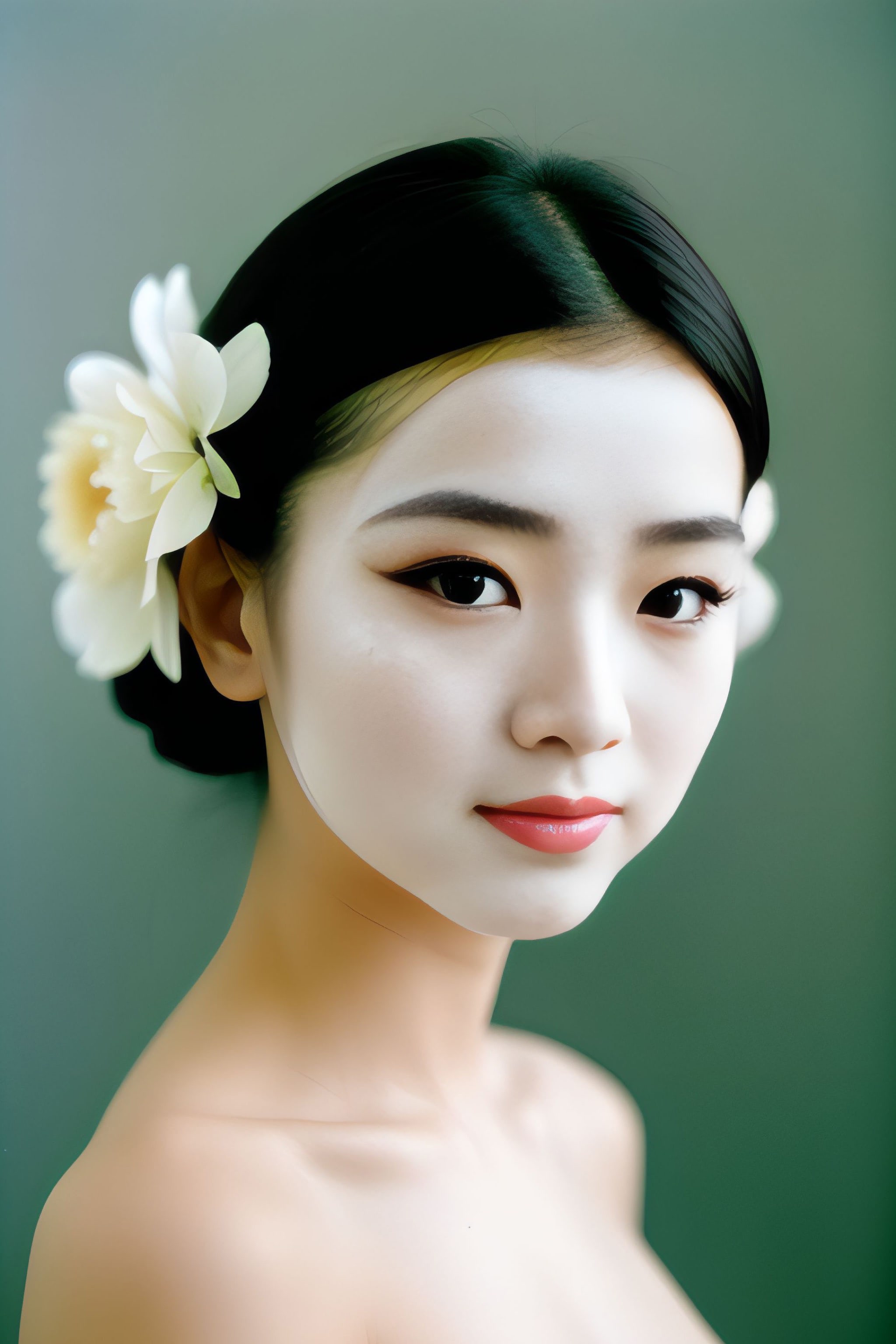 Portrait of Nia, a young woman with dark hair and white flowers in her hair, wearing a white face mask.