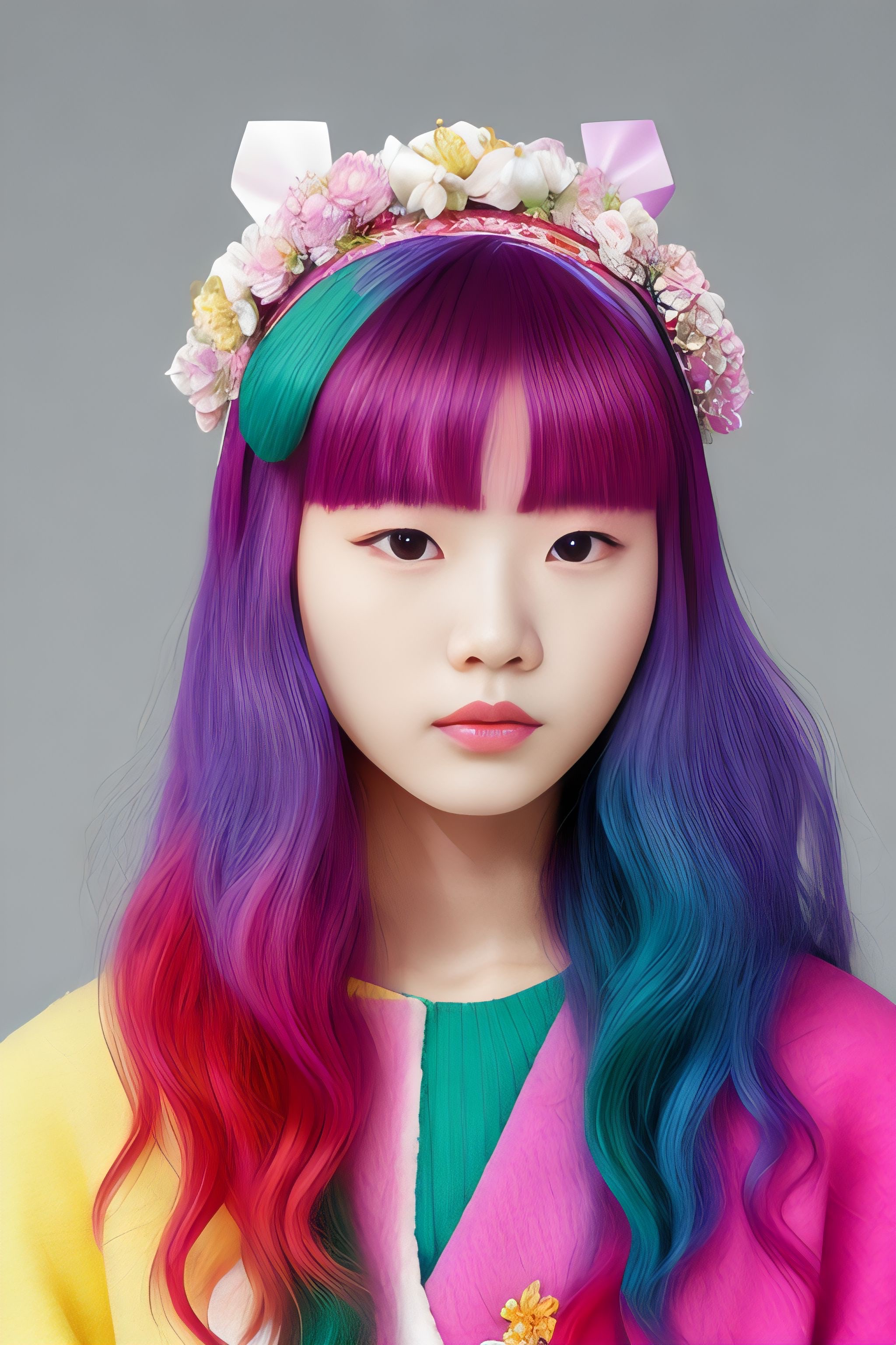 Portrait of Nikita with vibrant rainbow hair and flower crown.