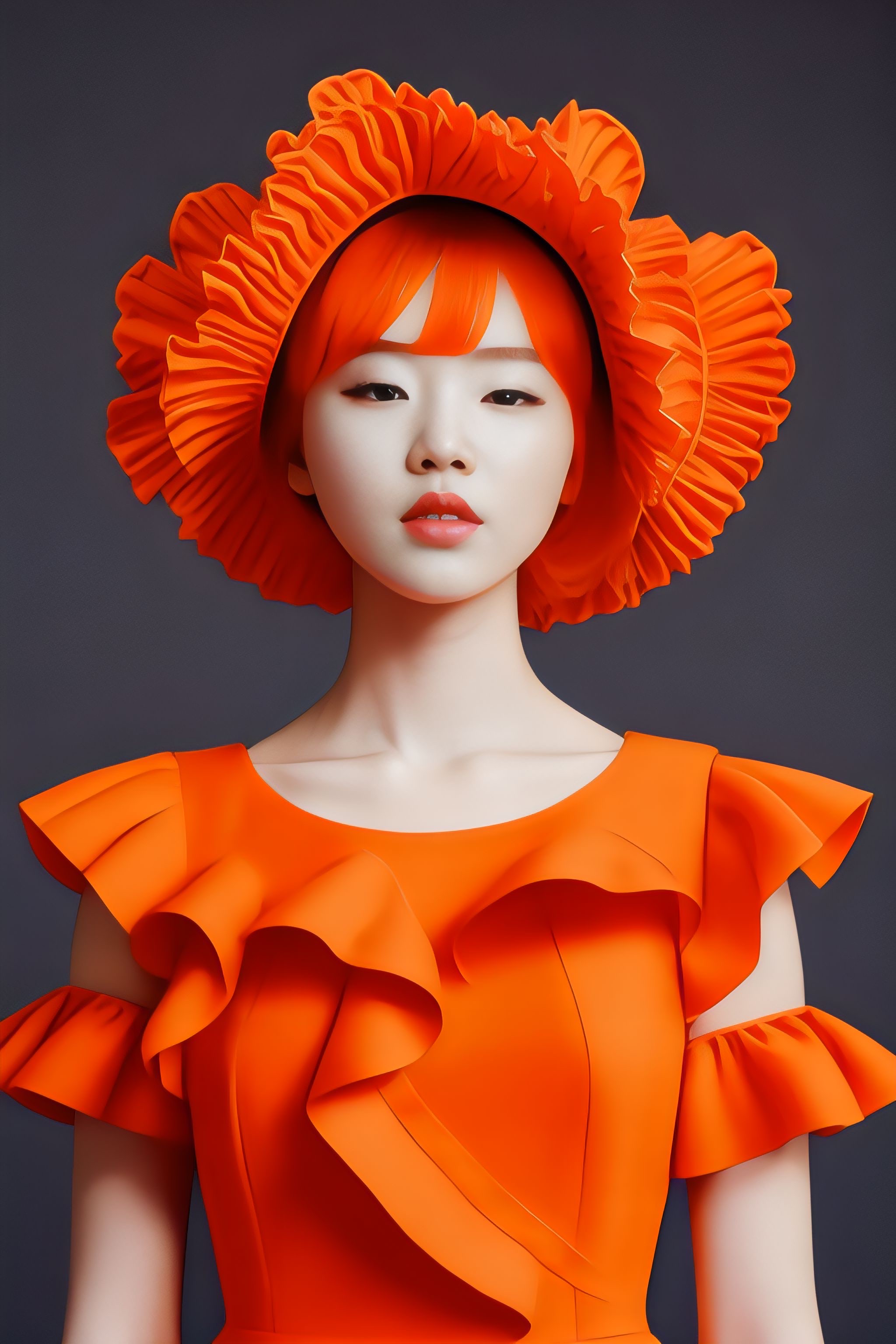 Portrait of Rima in an orange ruffled dress and matching hat.