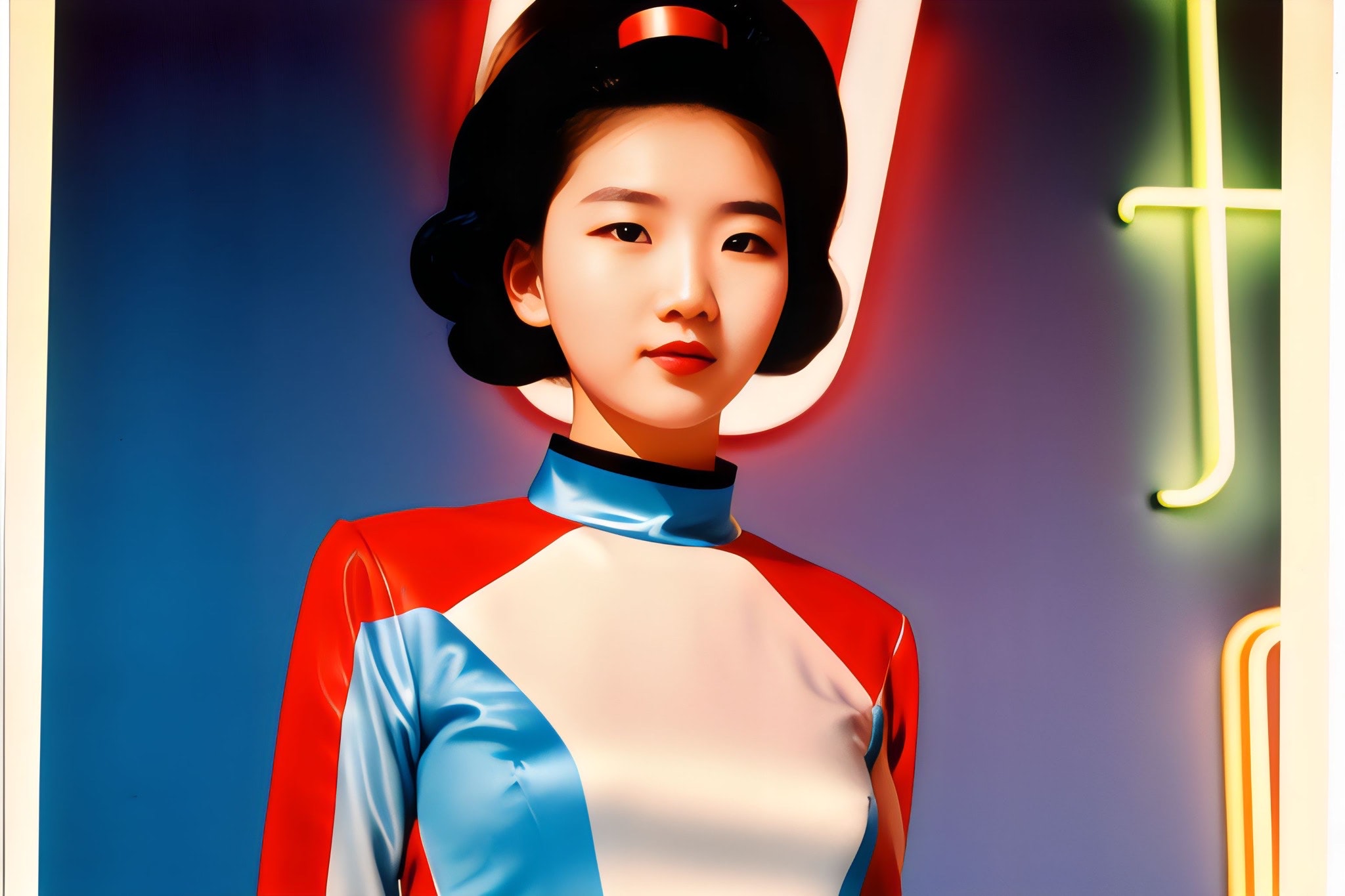 Portrait of Saaya in a red, white, and blue collared outfit against a neon-lit background.